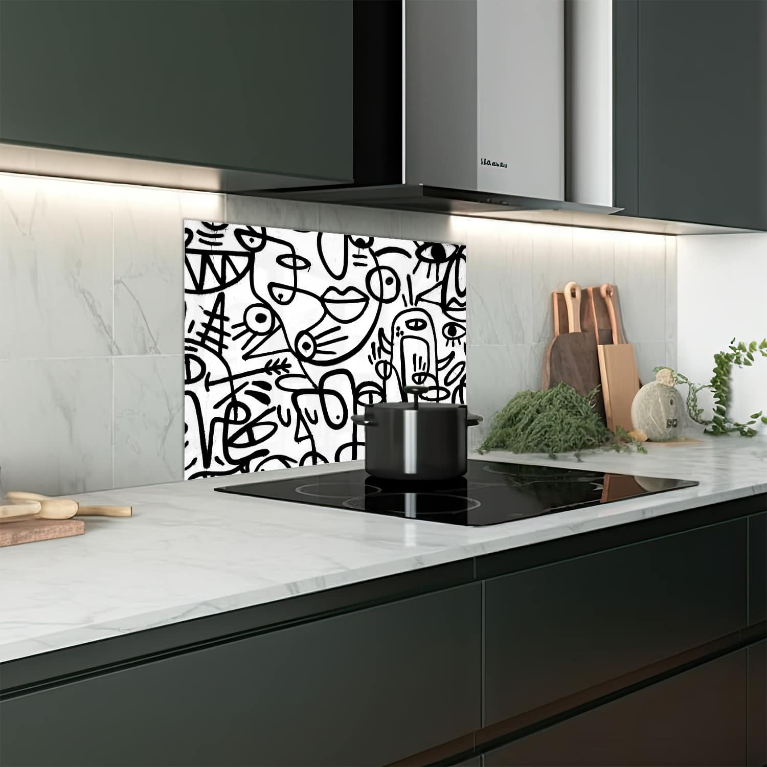 Eigen afmeting spatscherm-op-maat Keuken - Hittebestendig gehard glas - Zwart-wit Graffiti Patroon