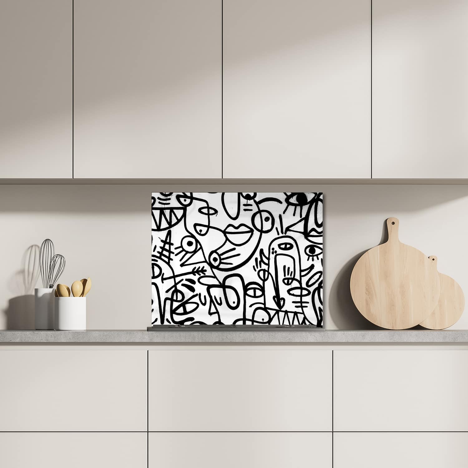 Eigen afmeting spatscherm-op-maat Keuken - Hittebestendig gehard glas - Zwart-wit Graffiti Patroon