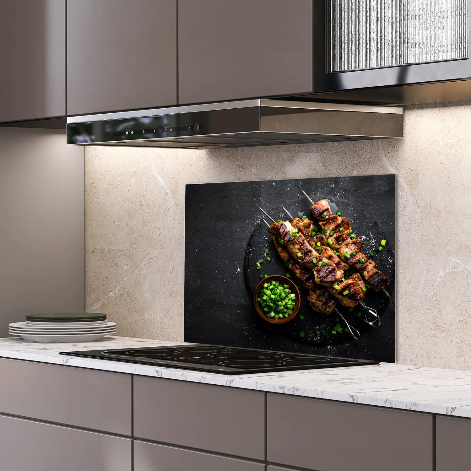 Eigen afmeting spatscherm-op-maat Keuken - Hittebestendig gehard glas - Kebab op Spiesjes