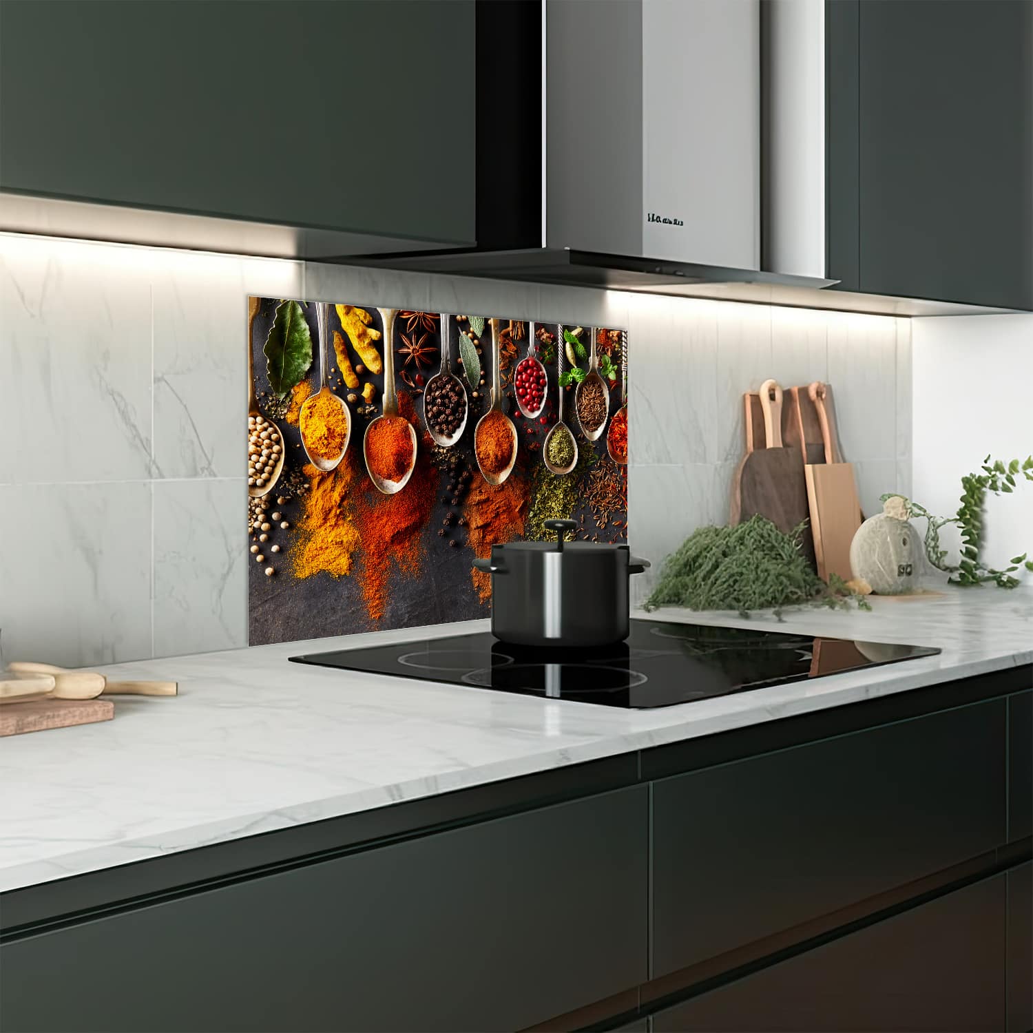 Eigen afmeting spatscherm-op-maat Keuken - Hittebestendig gehard glas - Specerijen in Lepels