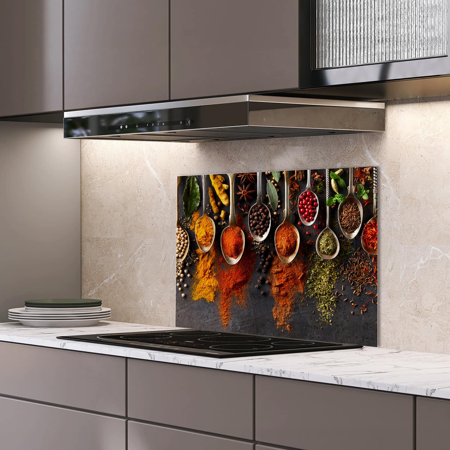 Eigen afmeting spatscherm-op-maat Keuken - Hittebestendig gehard glas - Specerijen in Lepels