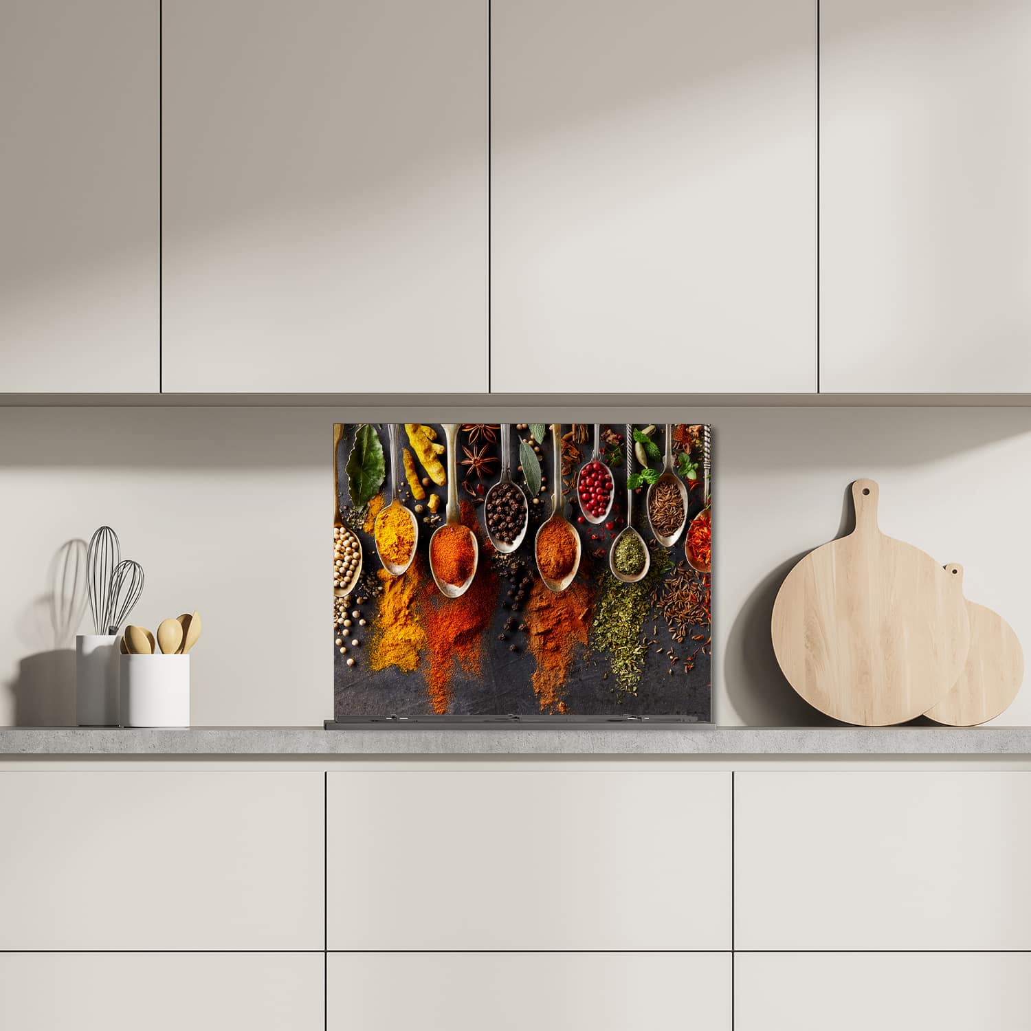 Eigen afmeting spatscherm-op-maat Keuken - Hittebestendig gehard glas - Specerijen in Lepels