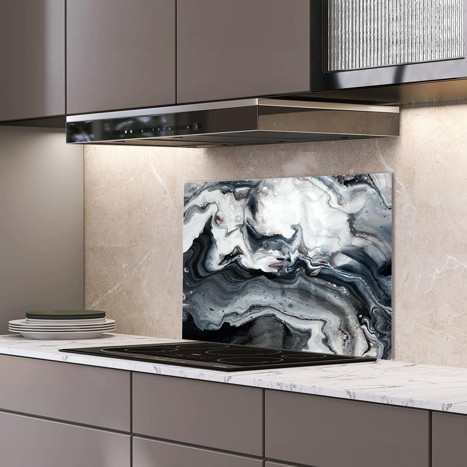 Eigen afmeting spatscherm-op-maat Keuken - Hittebestendig gehard glas - Marmer Golfpatroon
