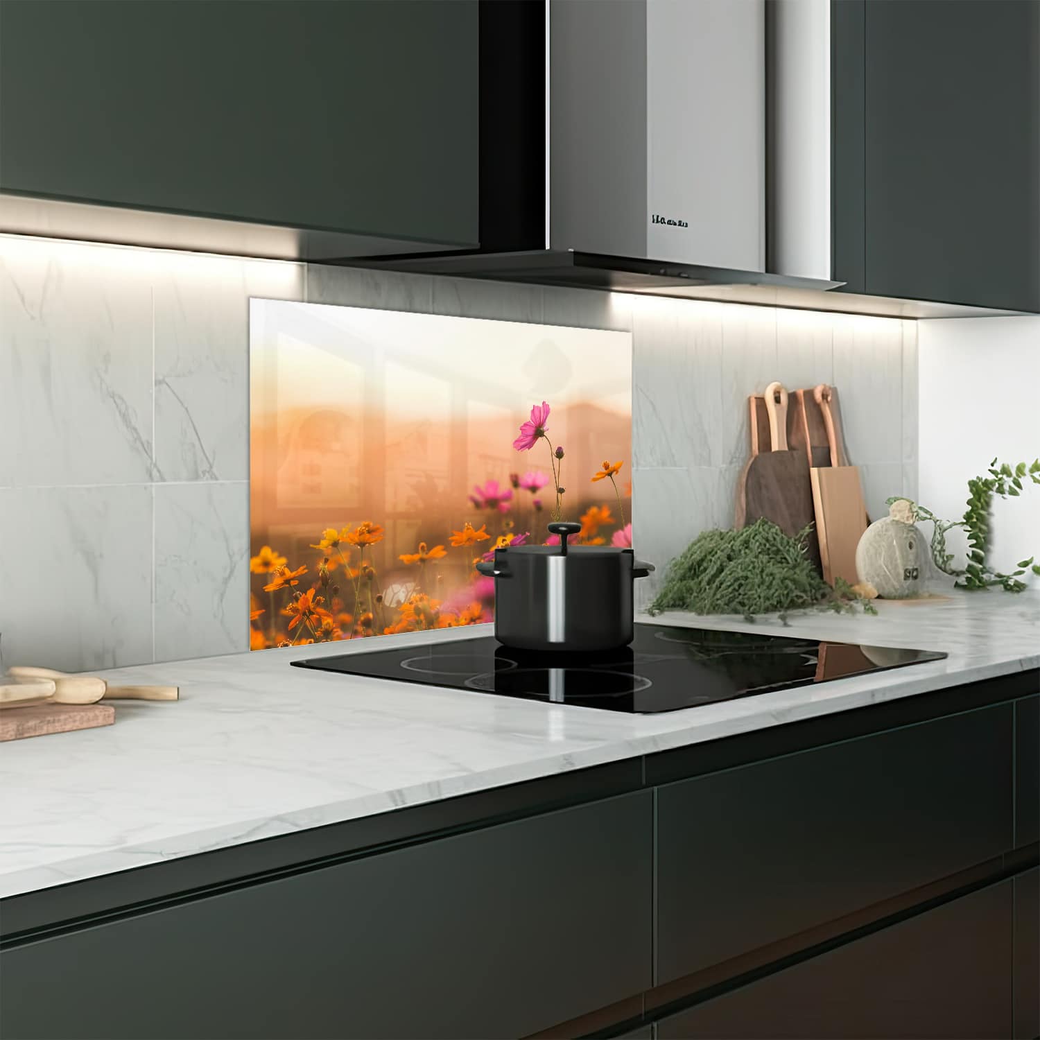 Eigen afmeting spatscherm-op-maat Keuken - Hittebestendig gehard glas - Kleurrijke Bloemen bij Zonsondergang