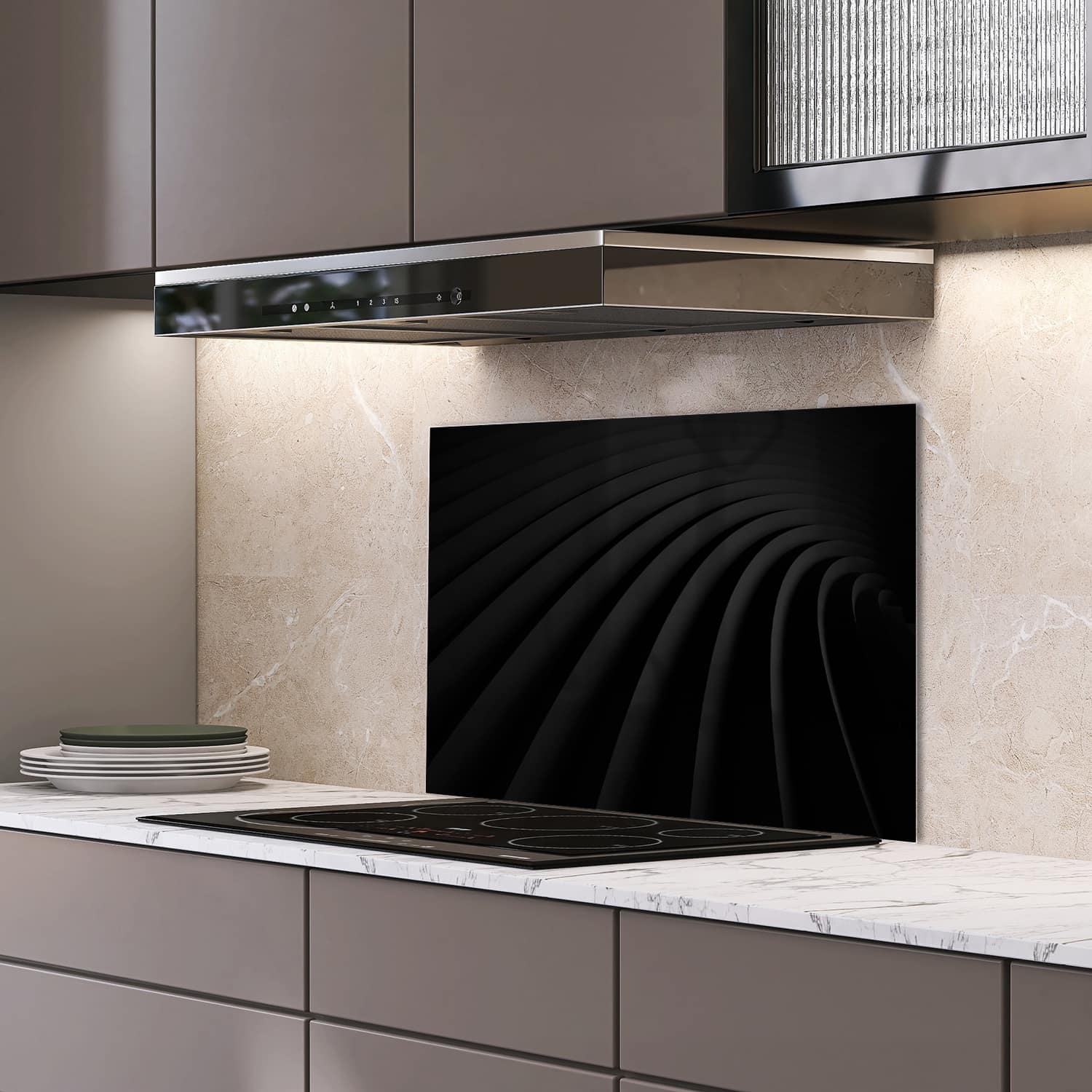 Eigen afmeting spatscherm-op-maat Keuken - Hittebestendig gehard glas - Luxe Zwarte Lijnen