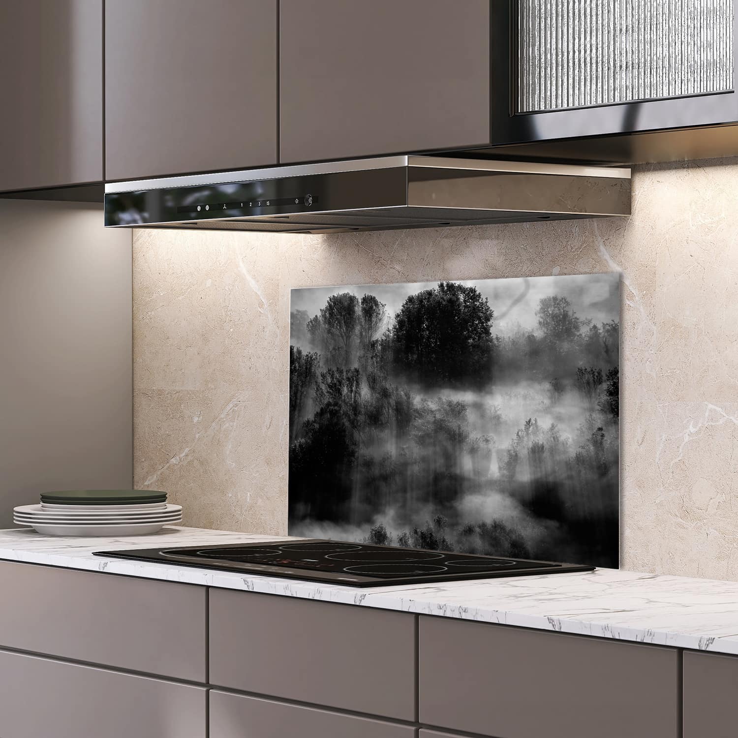 Eigen afmeting spatscherm-op-maat Keuken - Hittebestendig gehard glas - Bomen in de Mist