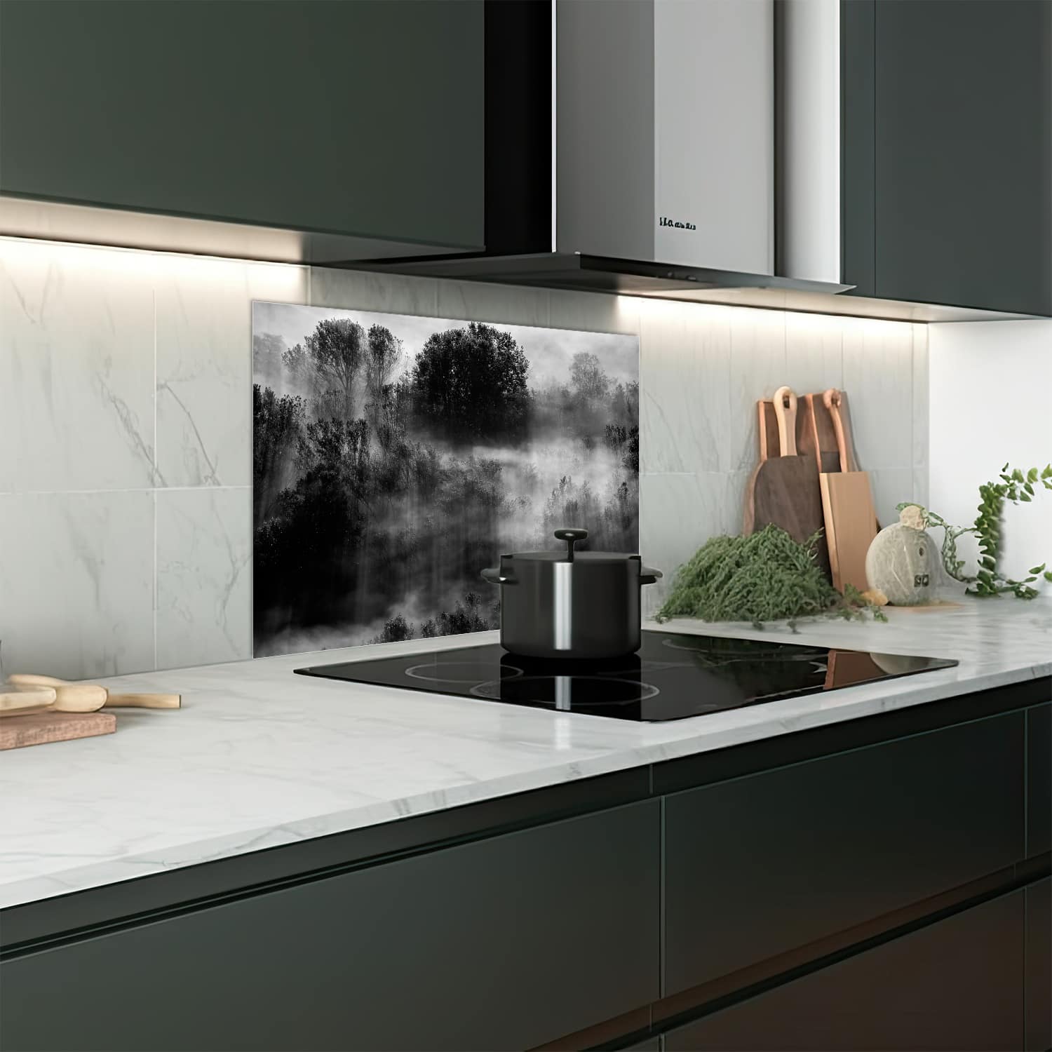 Eigen afmeting spatscherm-op-maat Keuken - Hittebestendig gehard glas - Bomen in de Mist