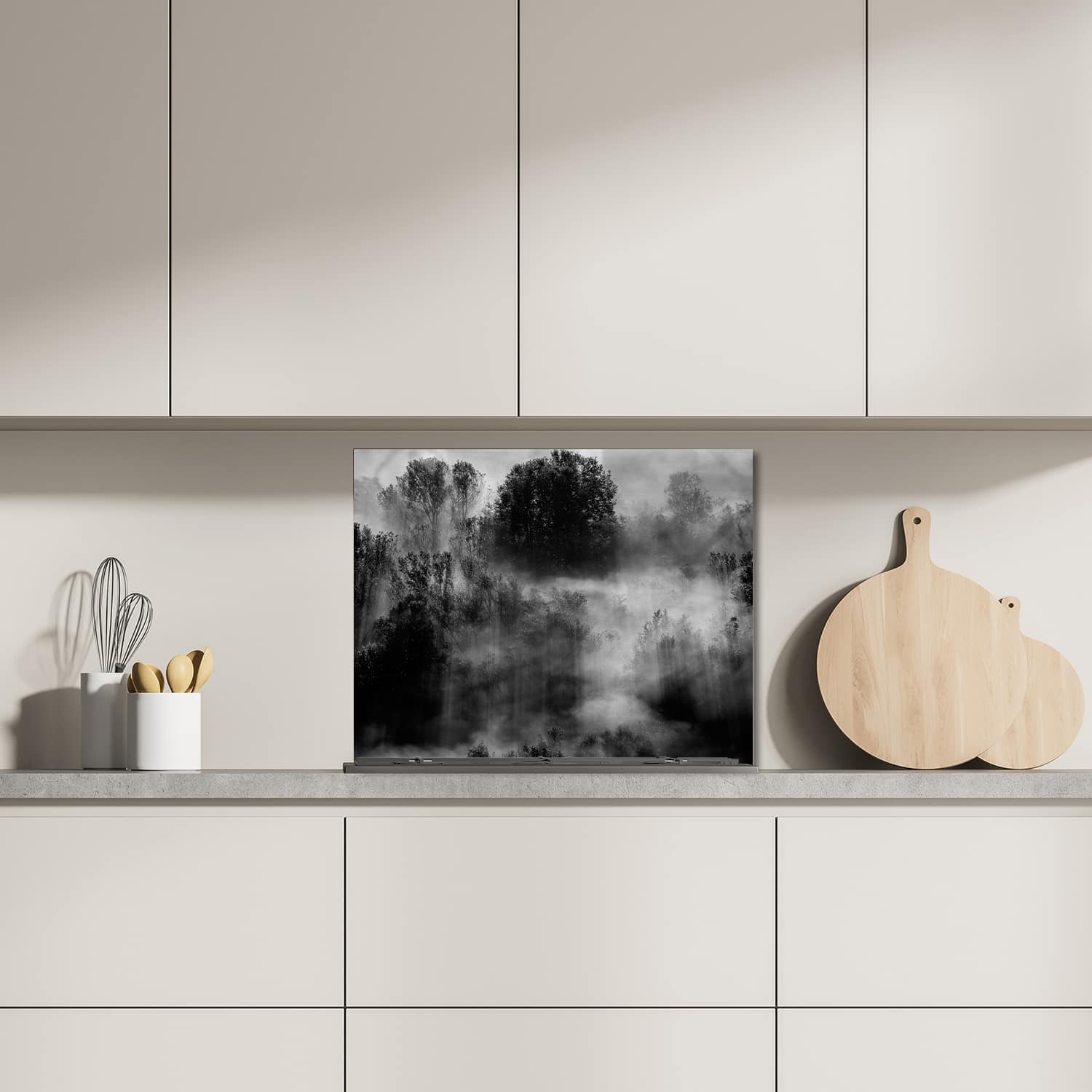 Eigen afmeting spatscherm-op-maat Keuken - Hittebestendig gehard glas - Bomen in de Mist