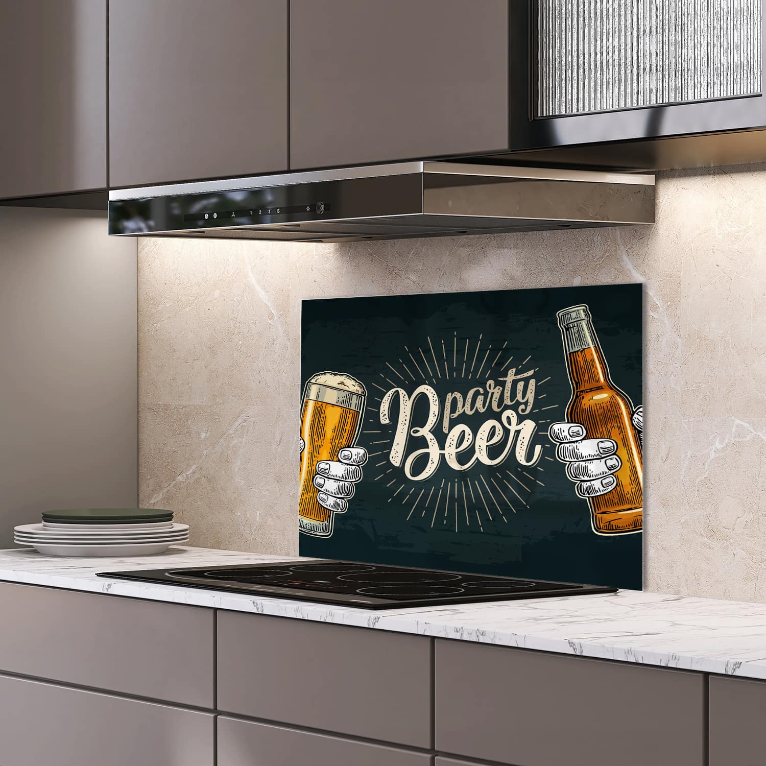 Eigen afmeting spatscherm-op-maat Keuken - Hittebestendig gehard glas - Biertje Erbij