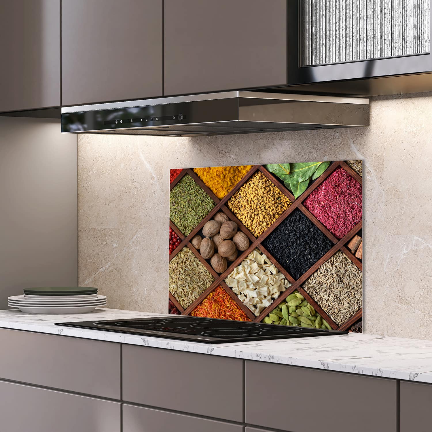 Eigen afmeting spatscherm-op-maat Keuken - Hittebestendig gehard glas - Specerijen Mozaek