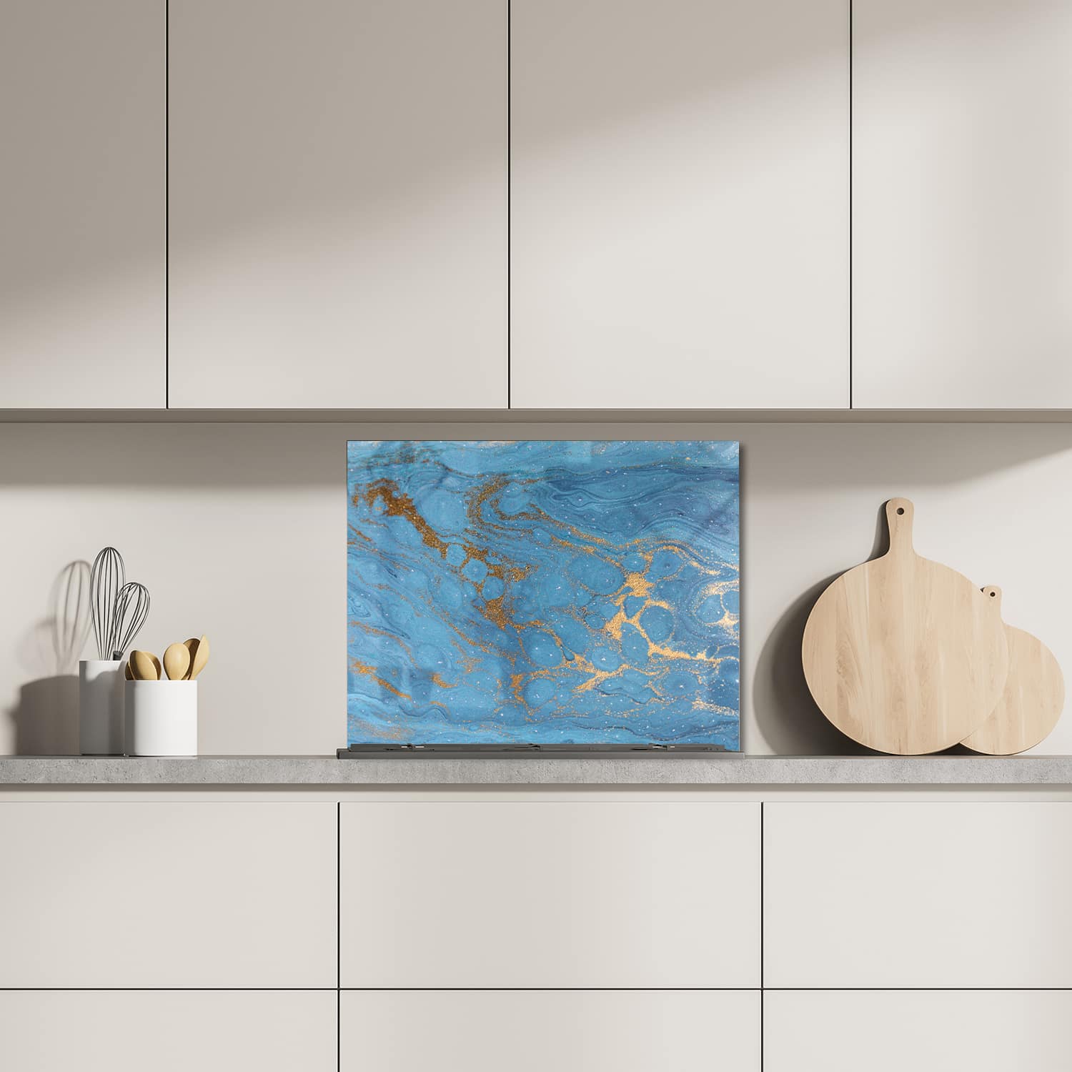 Eigen afmeting spatscherm-op-maat Keuken - Hittebestendig gehard glas - Goud en Blauw Marmer