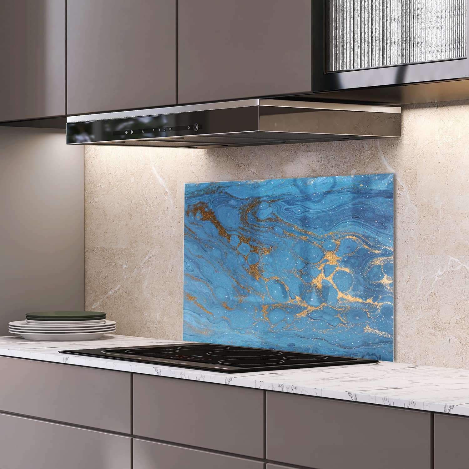 Eigen afmeting spatscherm-op-maat Keuken - Hittebestendig gehard glas - Goud en Blauw Marmer