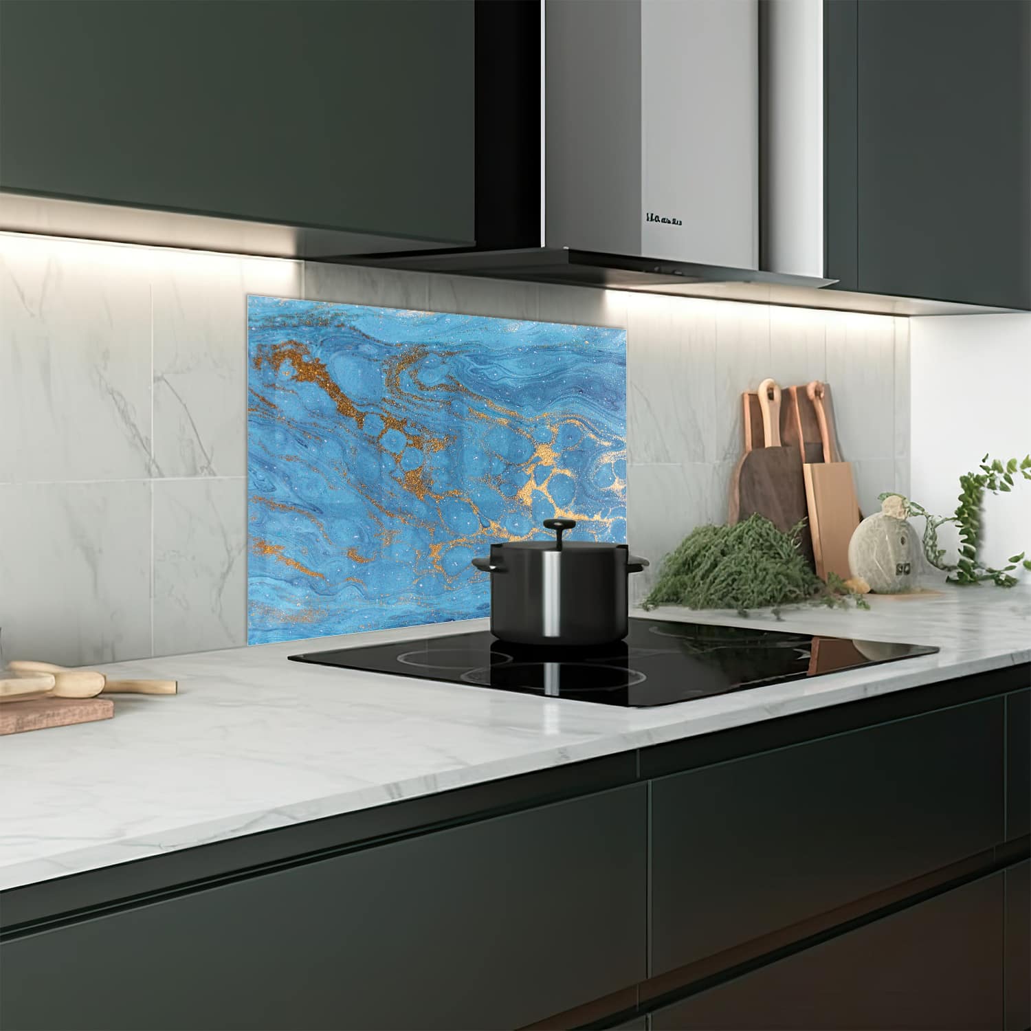Eigen afmeting spatscherm-op-maat Keuken - Hittebestendig gehard glas - Goud en Blauw Marmer
