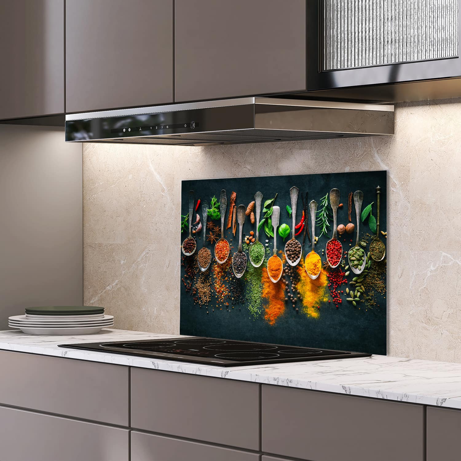 Kitchen backsplash with colorful spices and spoons design above a stove.