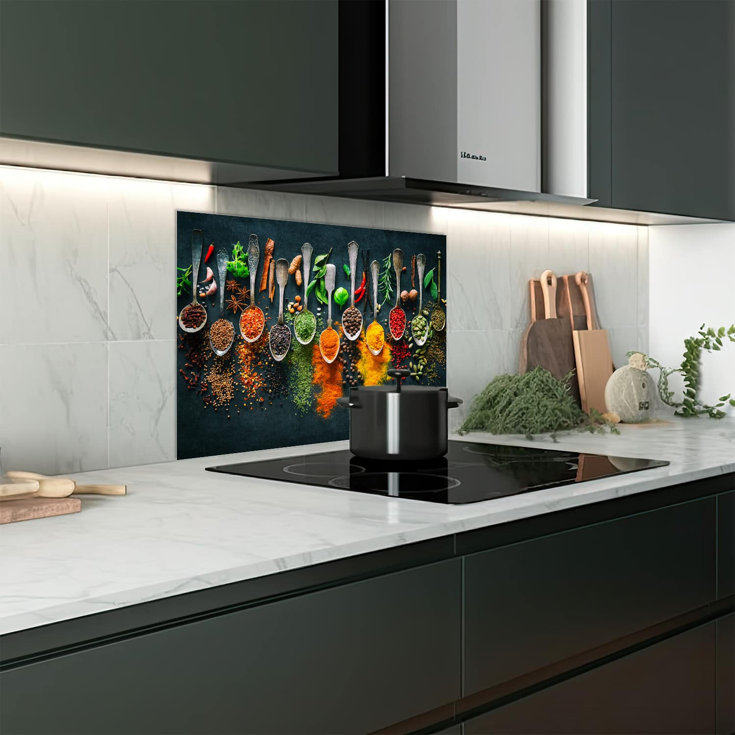 Glazen Eigen afmeting spatscherm-op-maat Keuken - Gehard Glas - Kleurrijke Kruidenexplosie