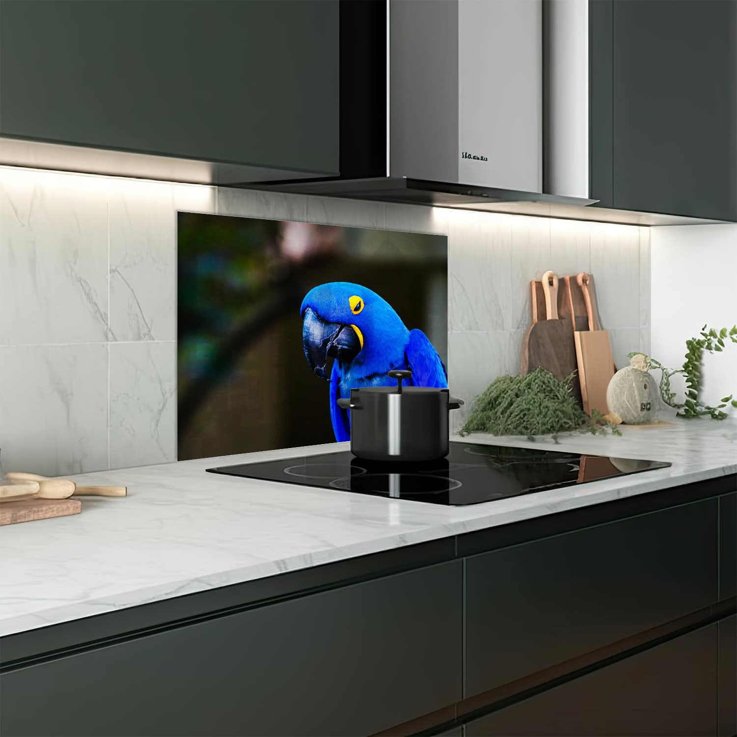 Eigen afmeting spatscherm-op-maat Keuken - Hittebestendig gehard glas - Blauwe Ara