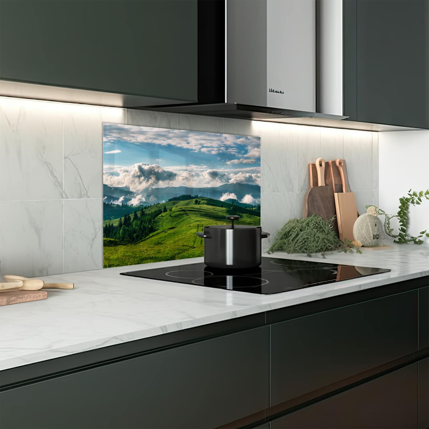 Eigen afmeting spatscherm-op-maat Keuken - Hittebestendig gehard glas - Hoog in de Bergen
