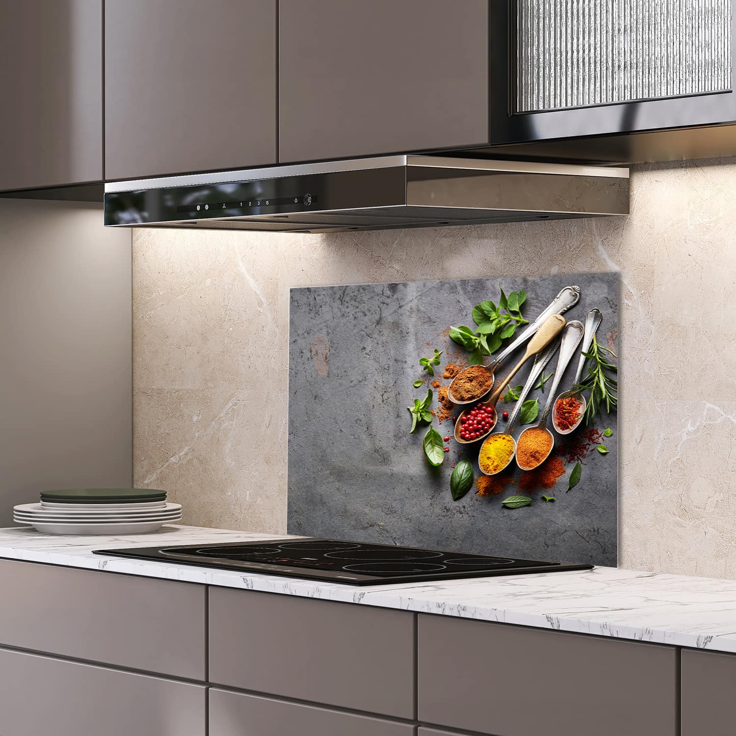 Eigen afmeting spatscherm-op-maat Keuken - Hittebestendig gehard glas - Specerijen op Lepels