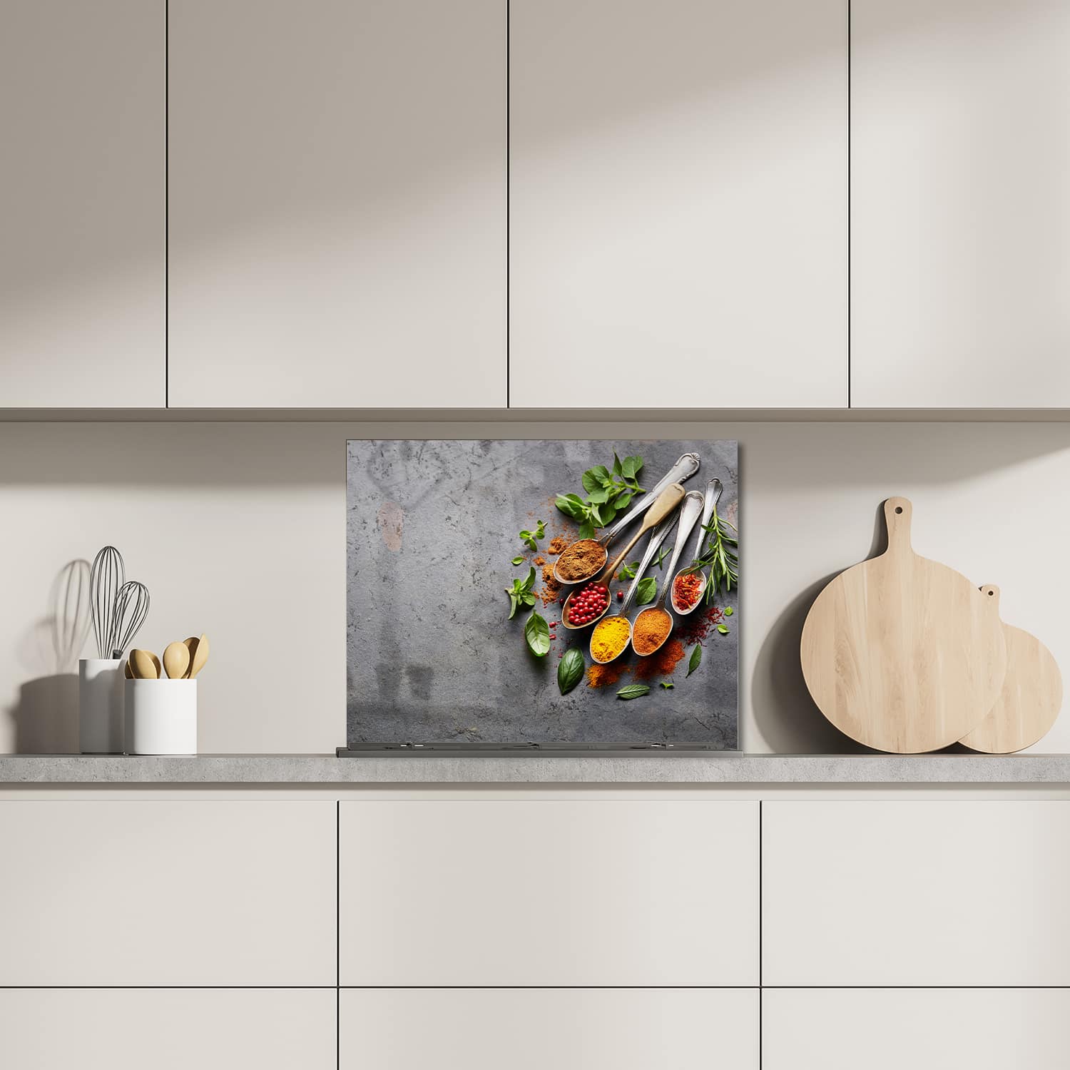 Eigen afmeting spatscherm-op-maat Keuken - Hittebestendig gehard glas - Specerijen op Lepels