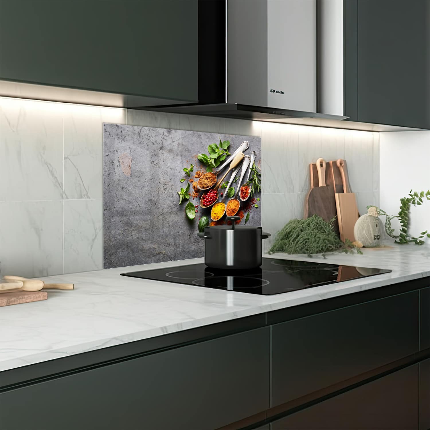 Eigen afmeting spatscherm-op-maat Keuken - Hittebestendig gehard glas - Specerijen op Lepels