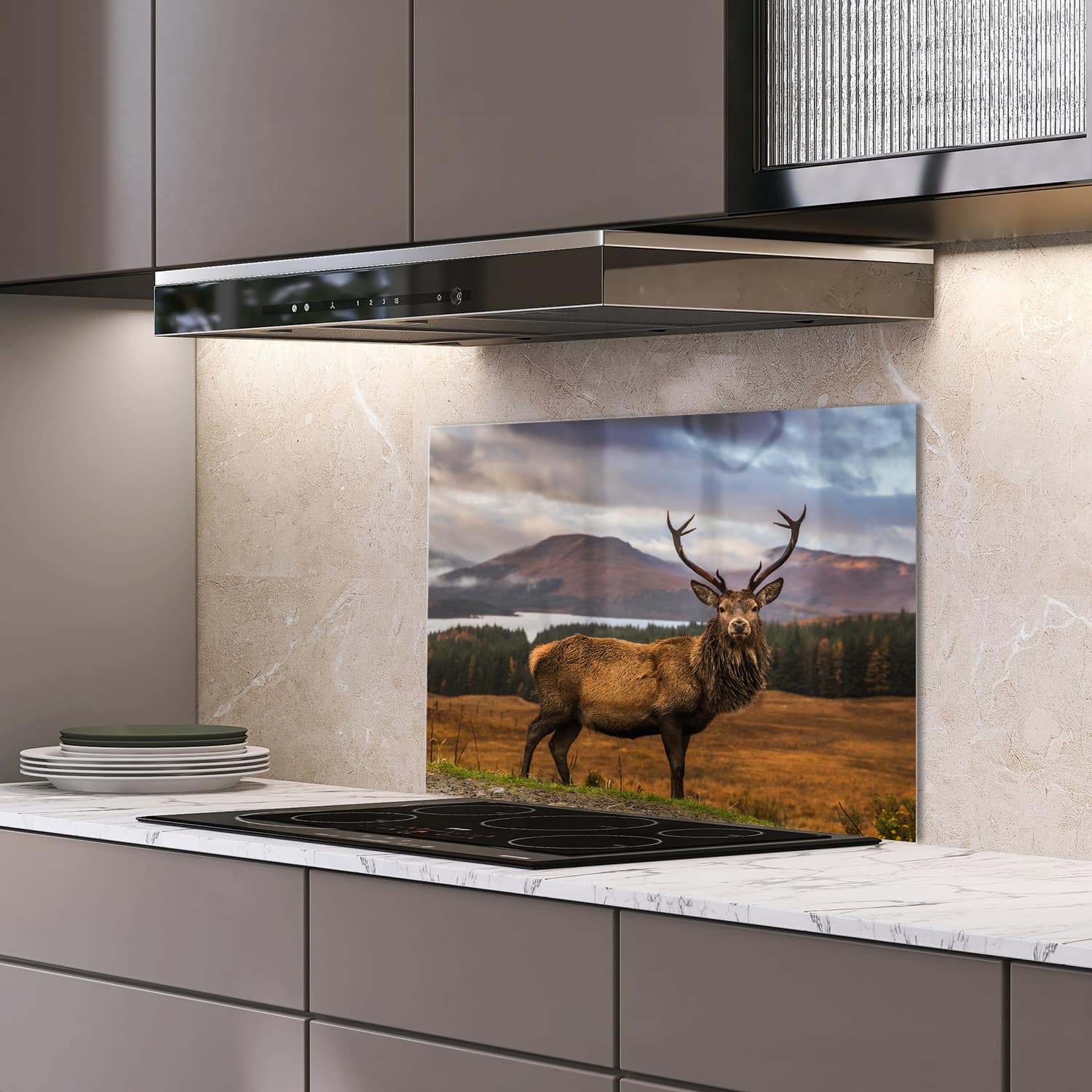 Eigen afmeting spatscherm-op-maat Keuken - Hittebestendig gehard glas - Wild Schots Hert