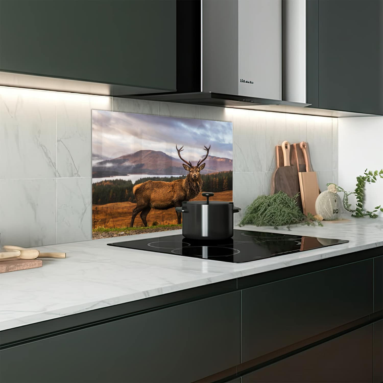Eigen afmeting spatscherm-op-maat Keuken - Hittebestendig gehard glas - Wild Schots Hert
