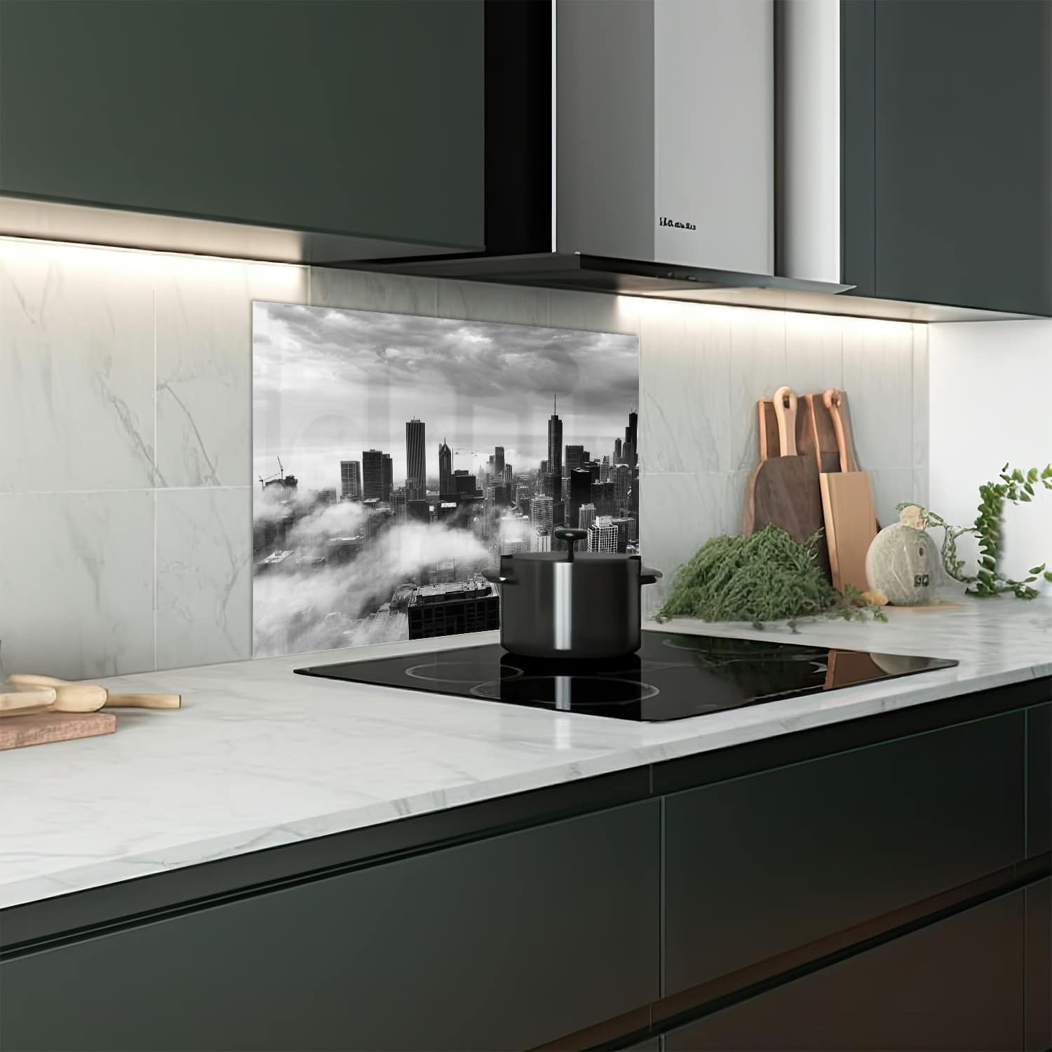 Eigen afmeting spatscherm-op-maat Keuken - Hittebestendig gehard glas - Chicago Skyline in de Mist