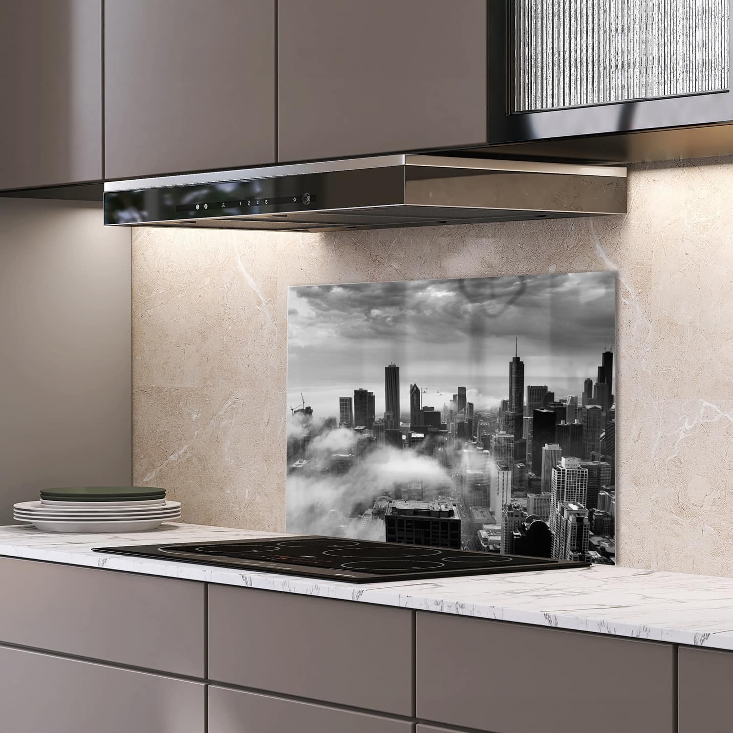 Eigen afmeting spatscherm-op-maat Keuken - Hittebestendig gehard glas - Chicago Skyline in de Mist