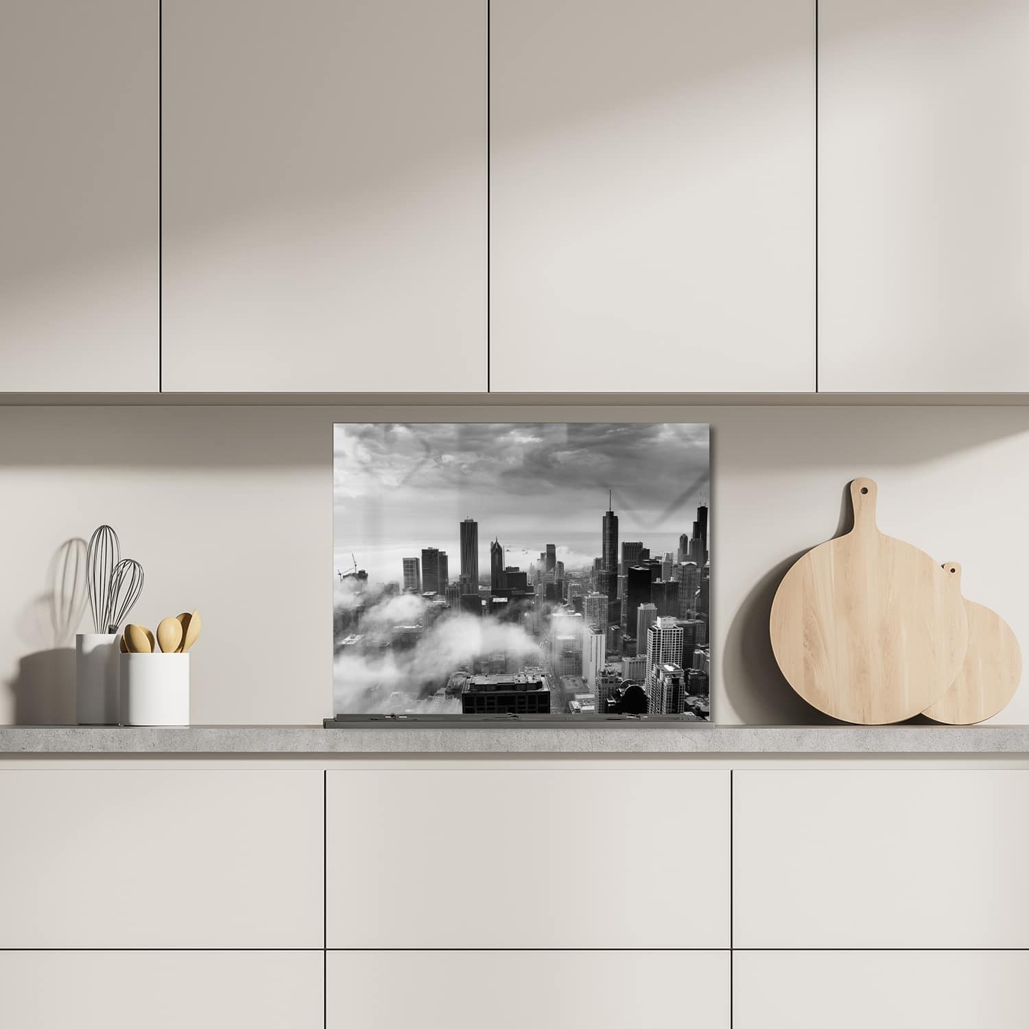 Eigen afmeting spatscherm-op-maat Keuken - Hittebestendig gehard glas - Chicago Skyline in de Mist