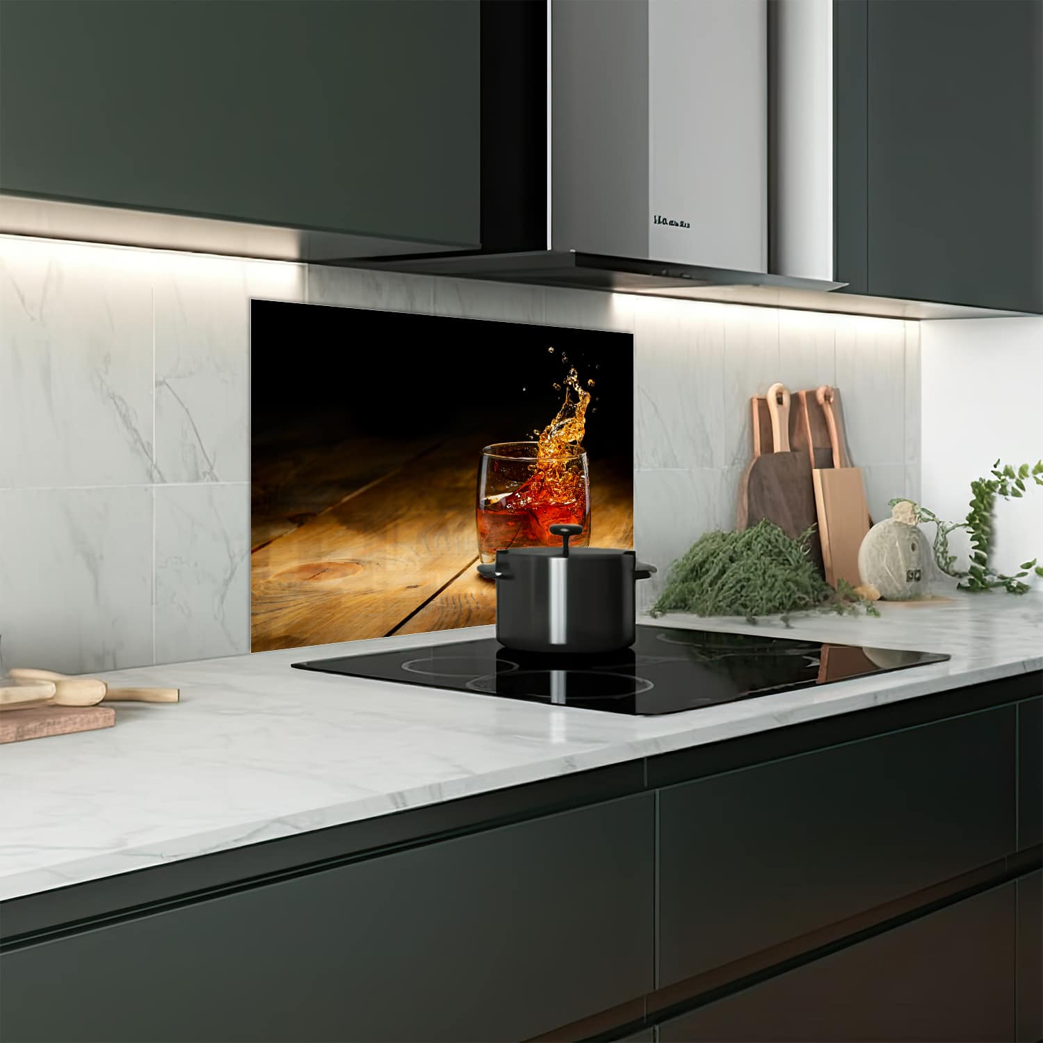 Eigen afmeting spatscherm-op-maat Keuken - Hittebestendig gehard glas - Whisky Splash