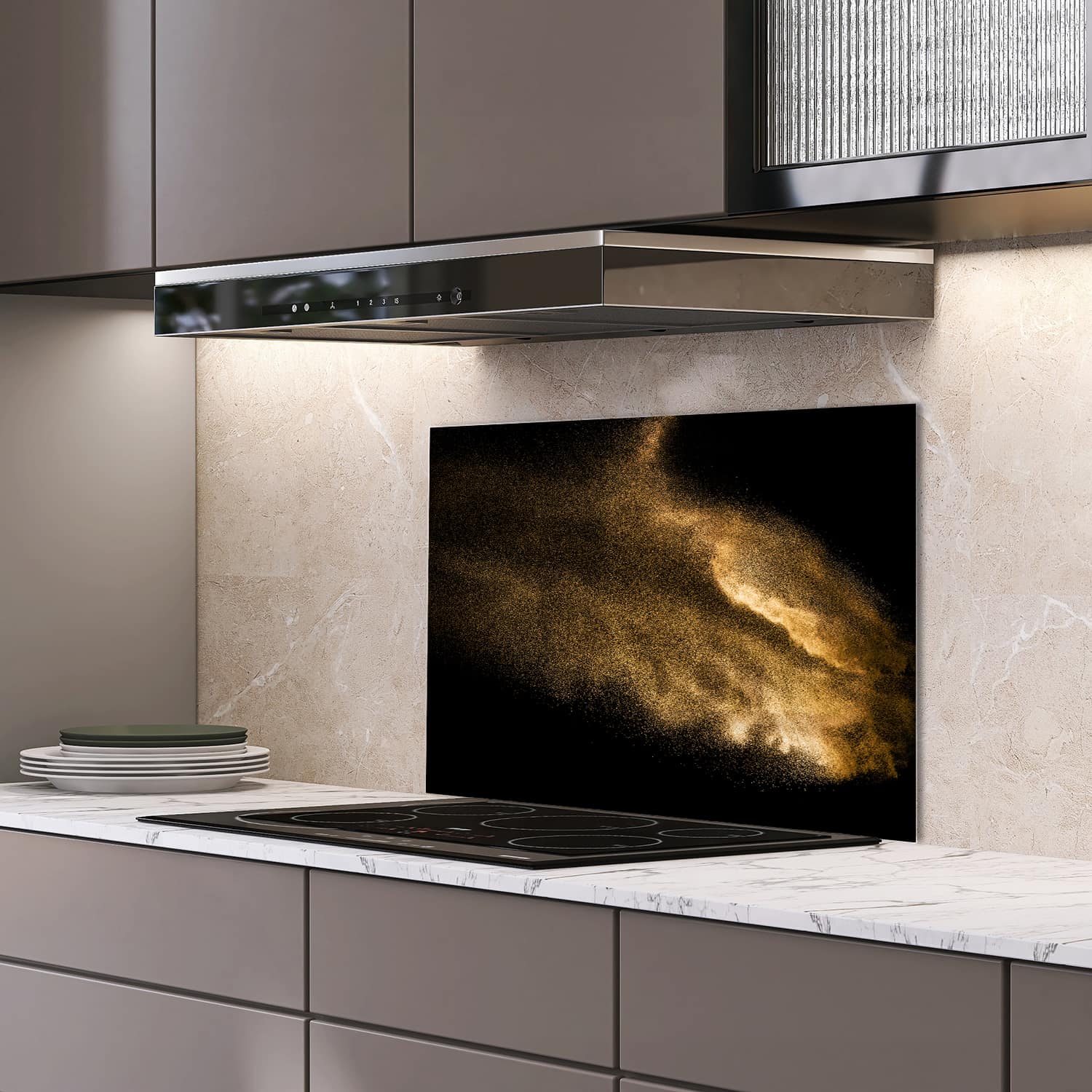 Eigen afmeting spatscherm-op-maat Keuken - Hittebestendig gehard glas - Gouden Zandexplosie