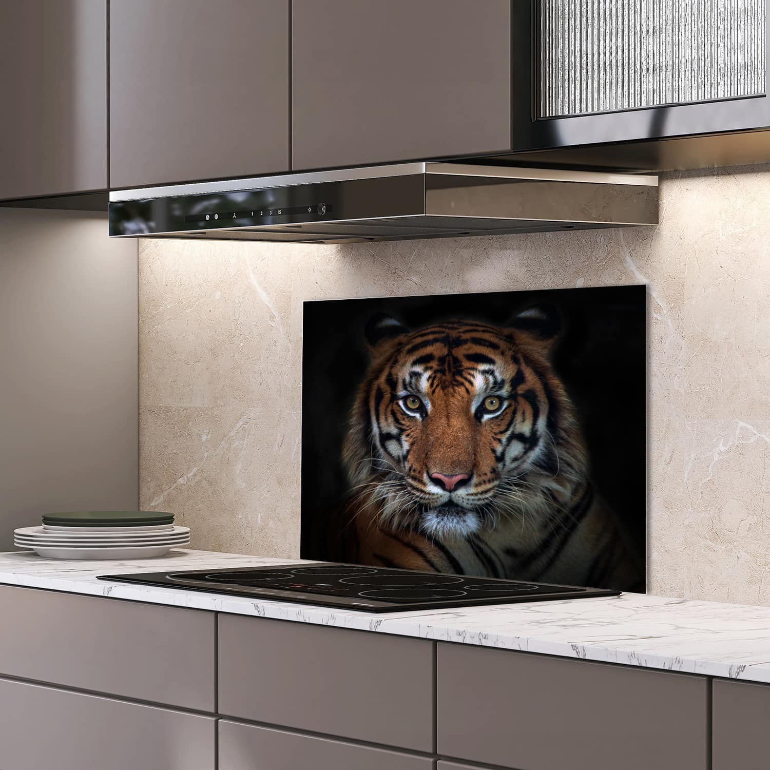 Eigen afmeting spatscherm-op-maat Keuken - Hittebestendig gehard glas - Sumatraanse Boze Tijger