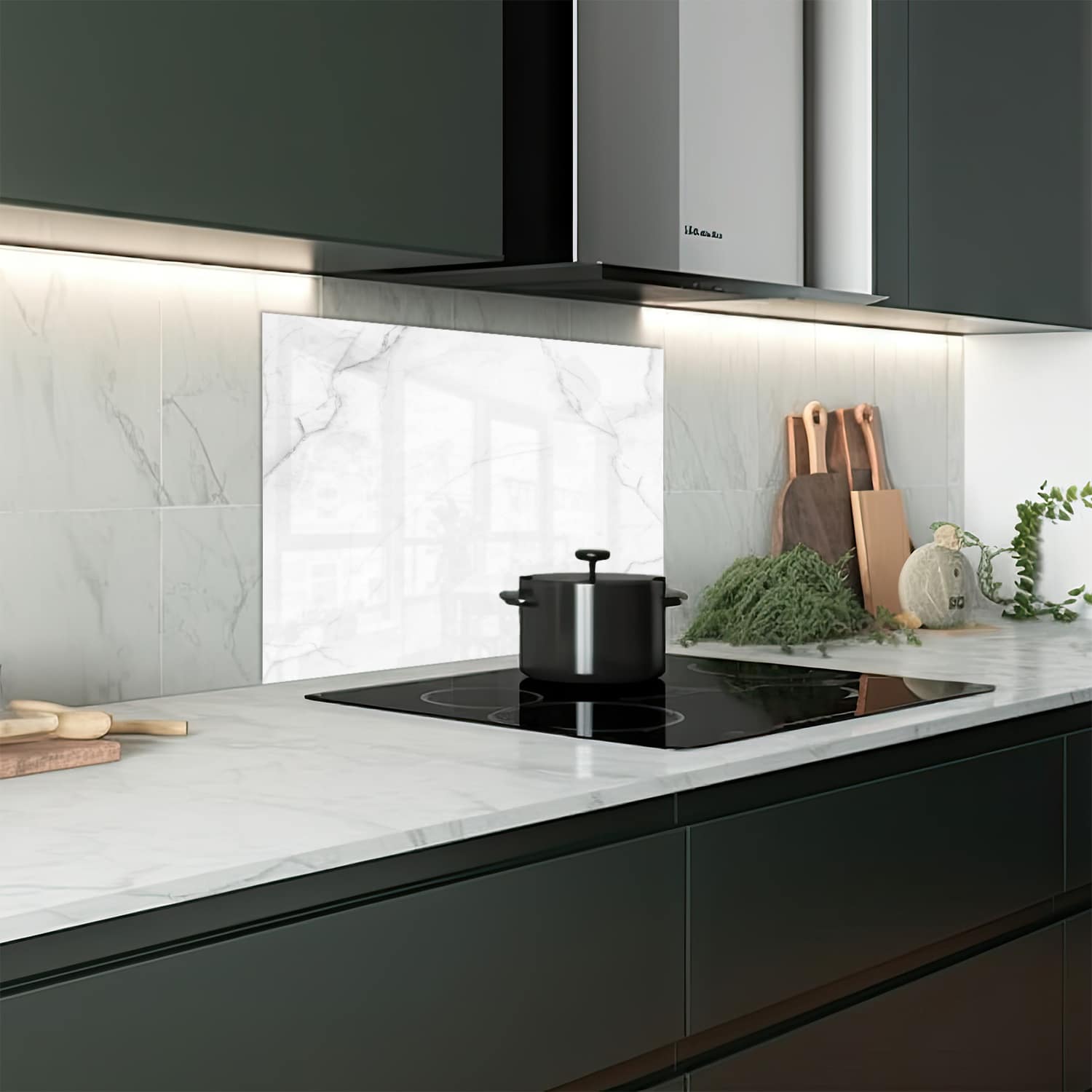 Eigen afmeting spatscherm-op-maat Keuken - Hittebestendig gehard glas - Melkwit Marmer