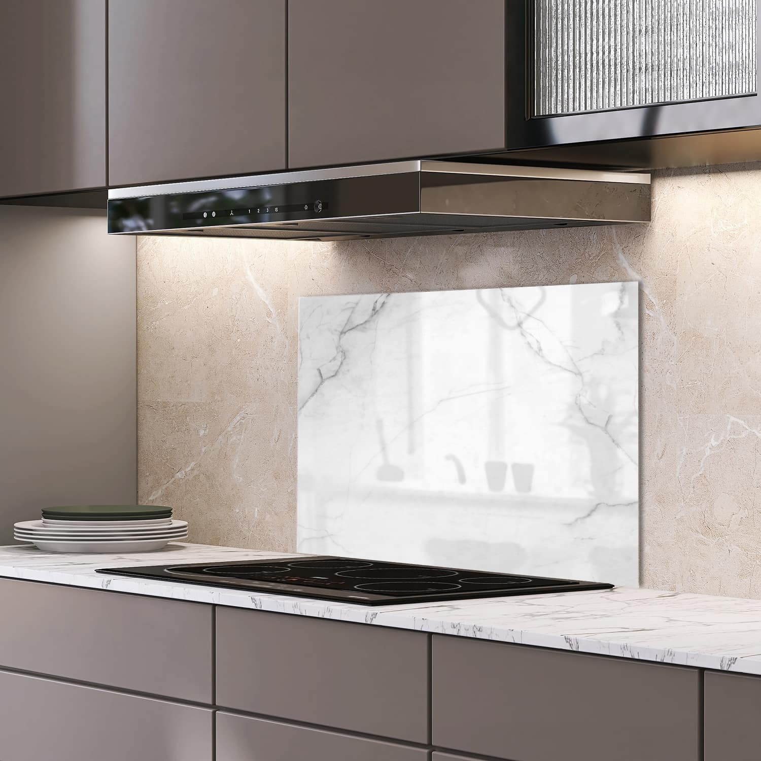 Eigen afmeting spatscherm-op-maat Keuken - Hittebestendig gehard glas - Melkwit Marmer