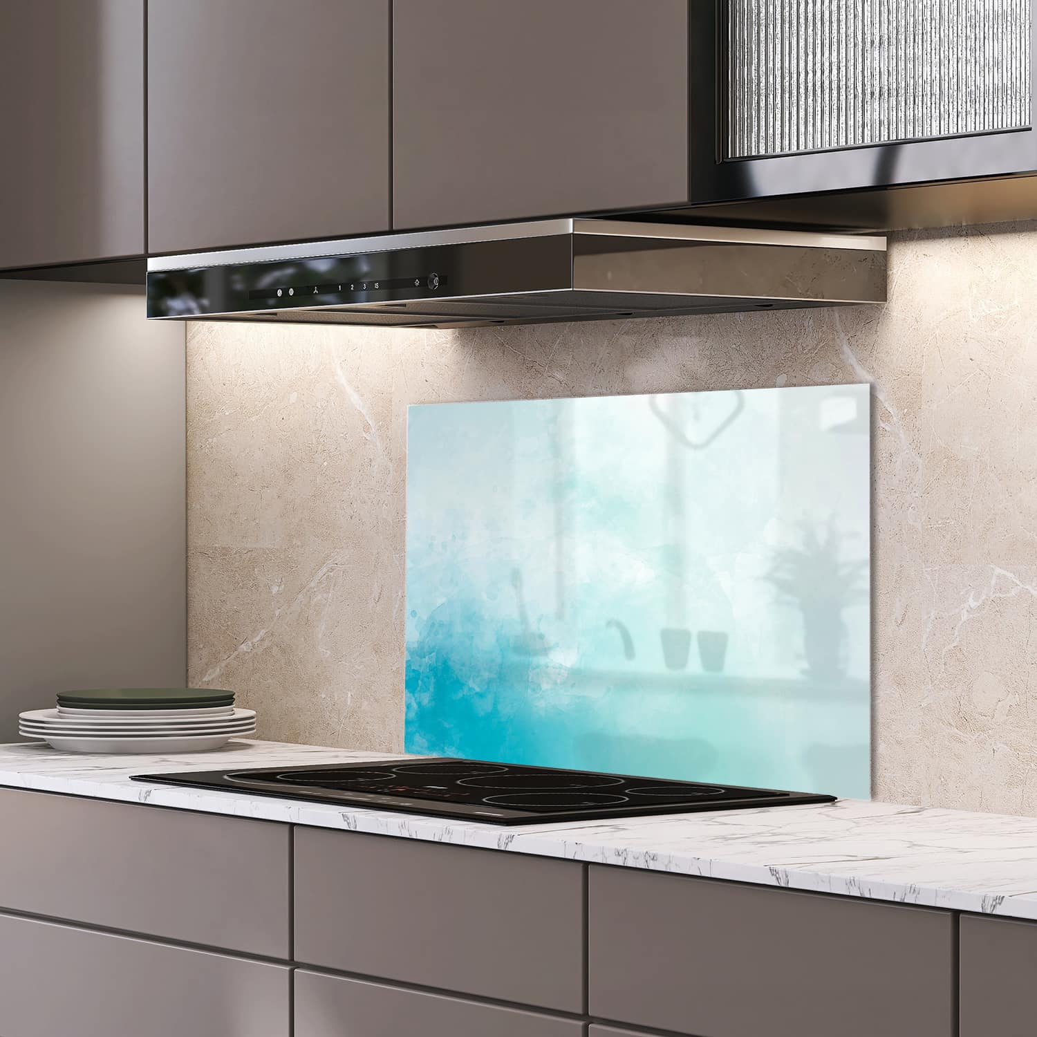 Eigen afmeting spatscherm-op-maat Keuken - Hittebestendig gehard glas - Blauwe Waterverf