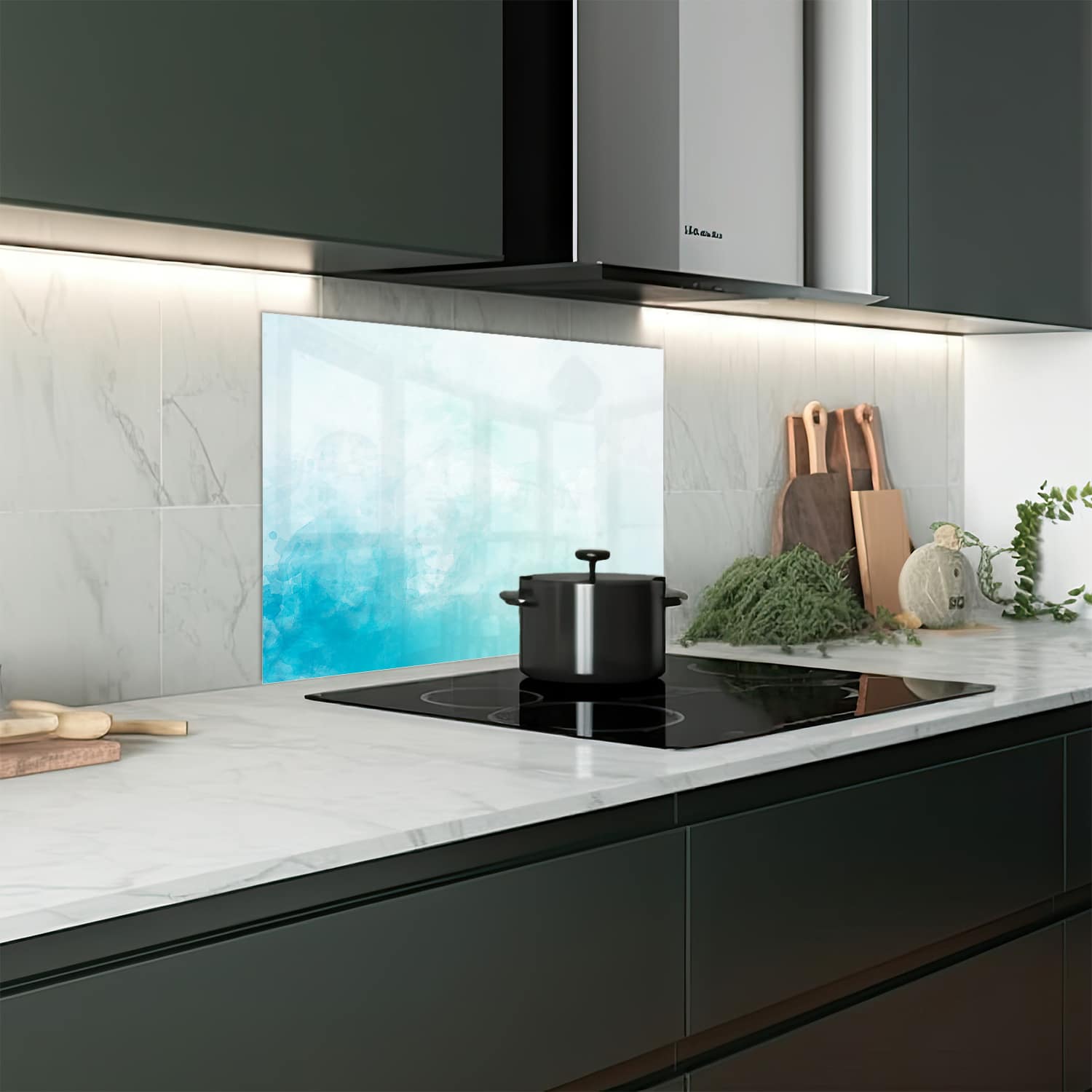 Eigen afmeting spatscherm-op-maat Keuken - Hittebestendig gehard glas - Blauwe Waterverf