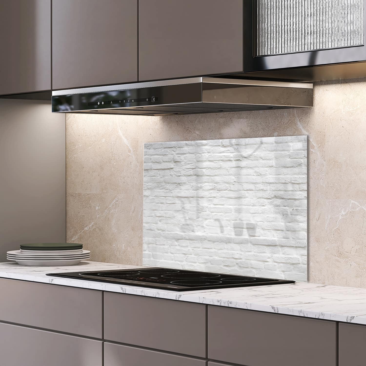 Eigen afmeting spatscherm-op-maat Keuken - Hittebestendig gehard glas - Witte Stenen Muur