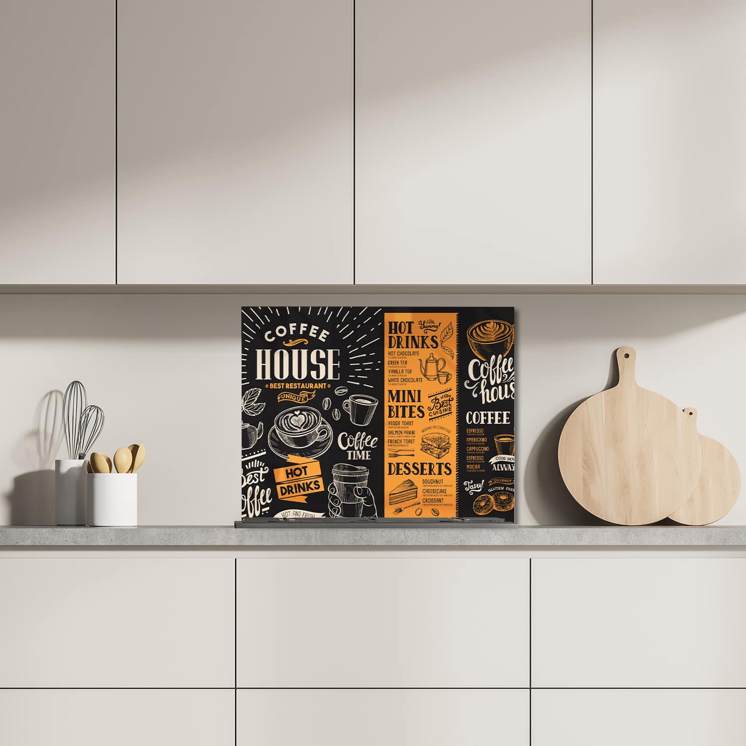 Eigen afmeting spatscherm-op-maat Keuken - Hittebestendig gehard glas - Coffee Flyer
