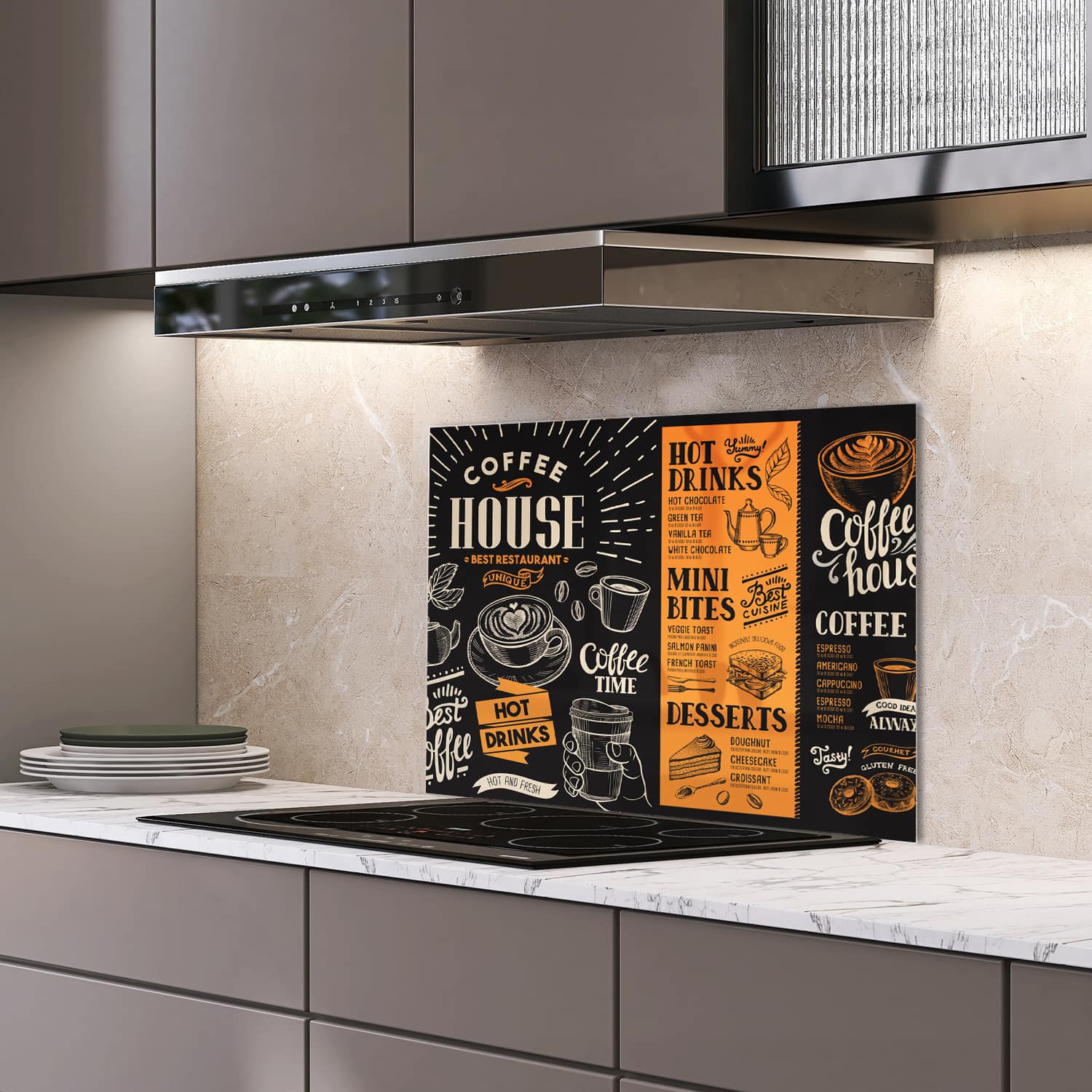 Eigen afmeting spatscherm-op-maat Keuken - Hittebestendig gehard glas - Coffee Flyer