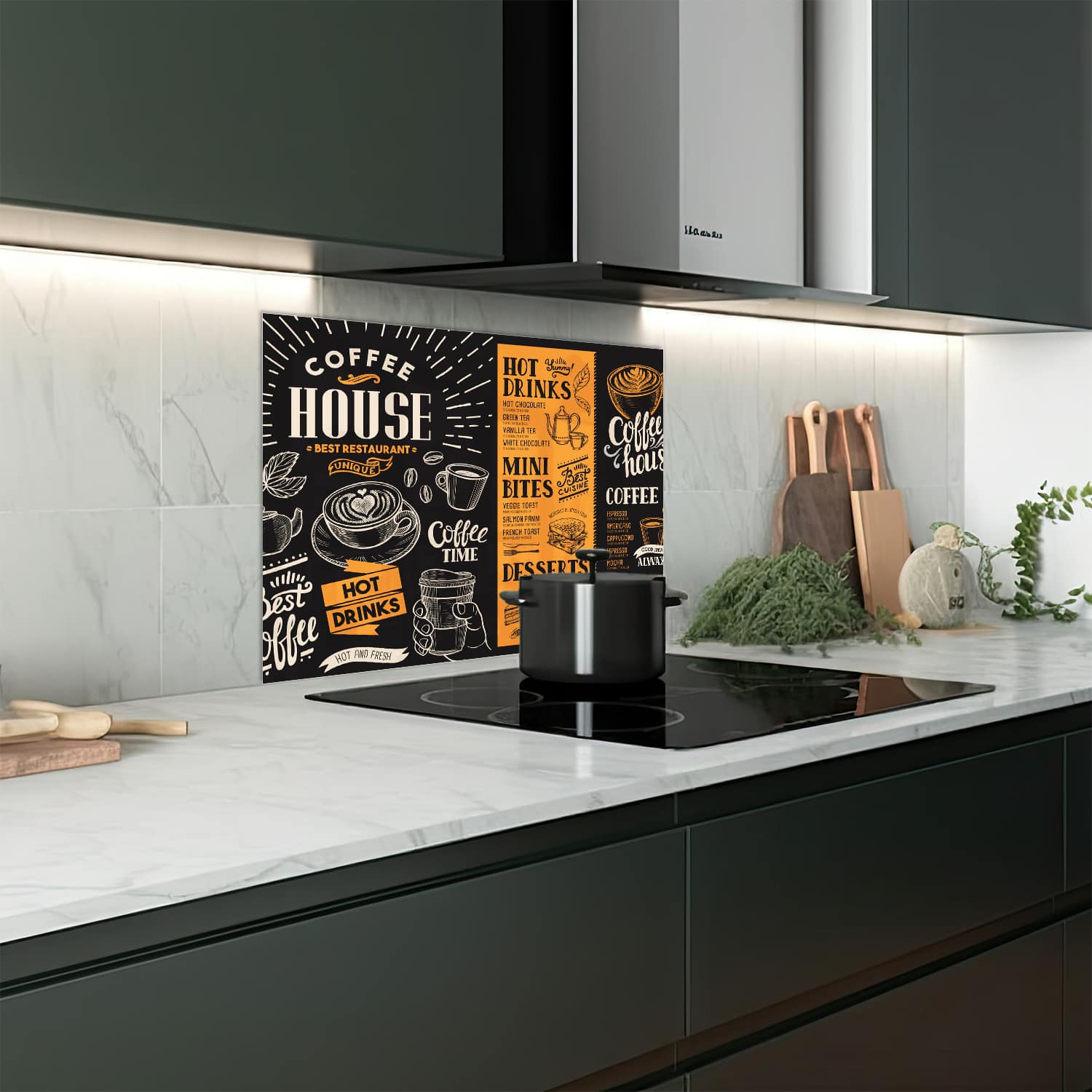 Eigen afmeting spatscherm-op-maat Keuken - Hittebestendig gehard glas - Coffee Flyer