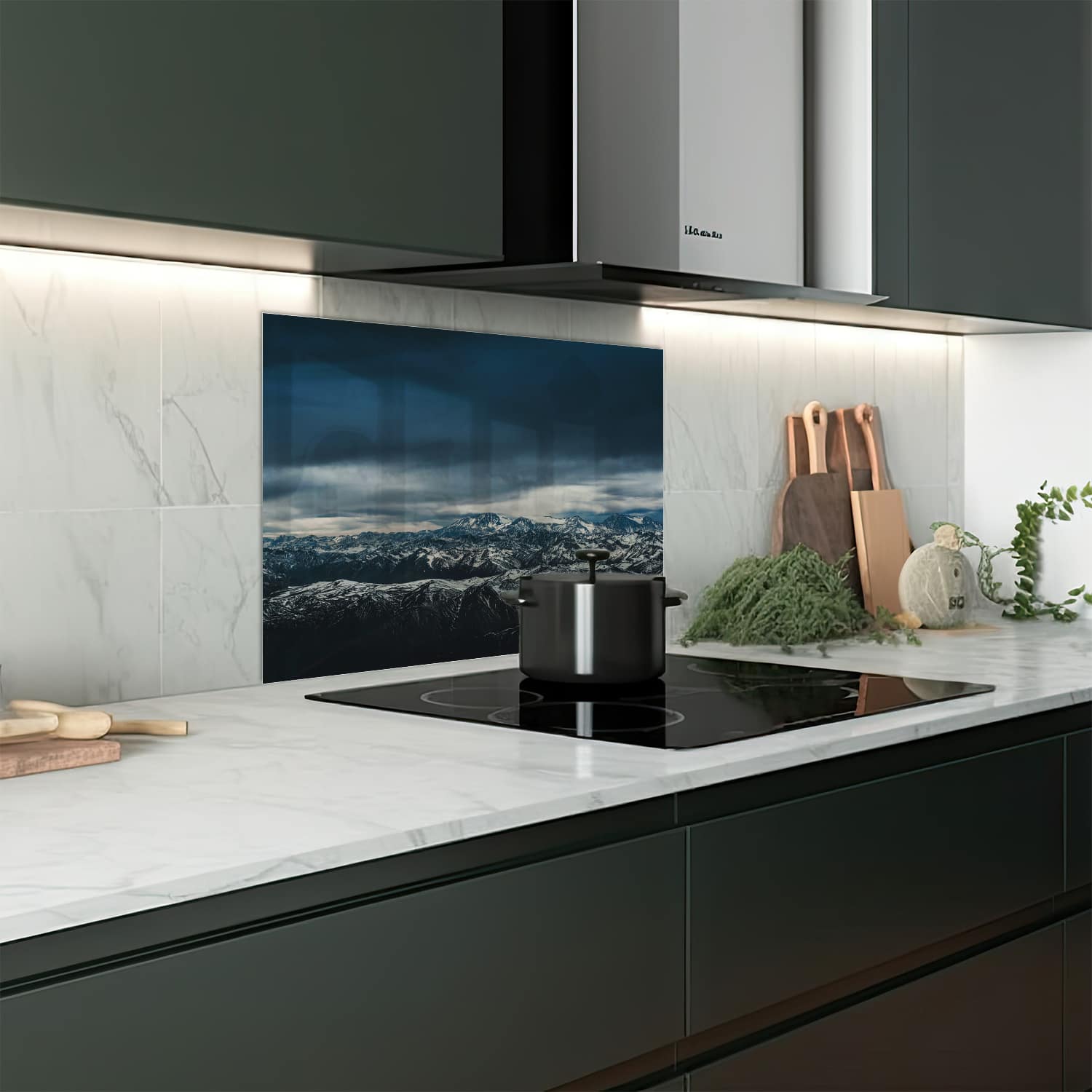Eigen afmeting spatscherm-op-maat Keuken - Hittebestendig gehard glas - Bergtoppen in de Winter