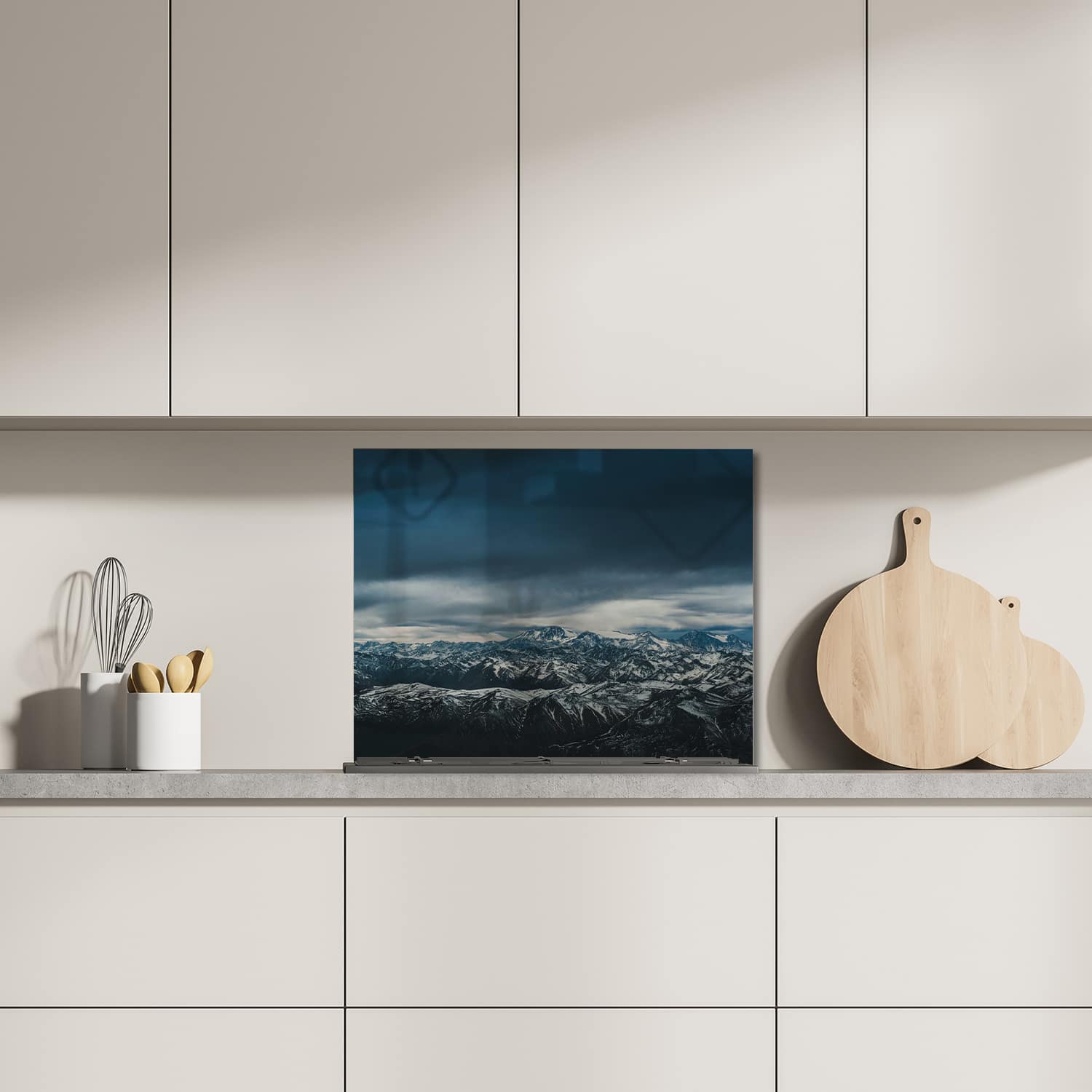 Eigen afmeting spatscherm-op-maat Keuken - Hittebestendig gehard glas - Bergtoppen in de Winter