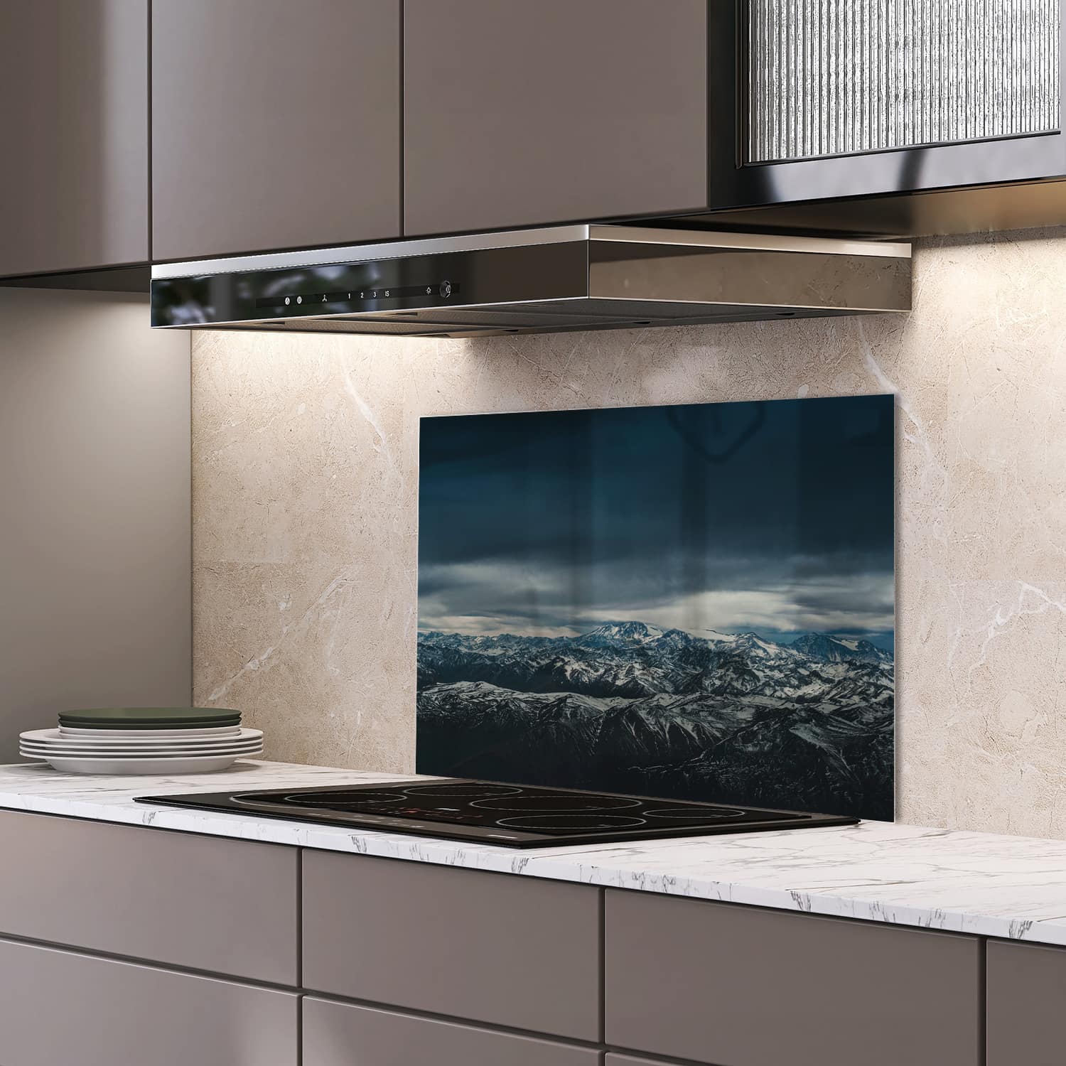 Eigen afmeting spatscherm-op-maat Keuken - Hittebestendig gehard glas - Bergtoppen in de Winter