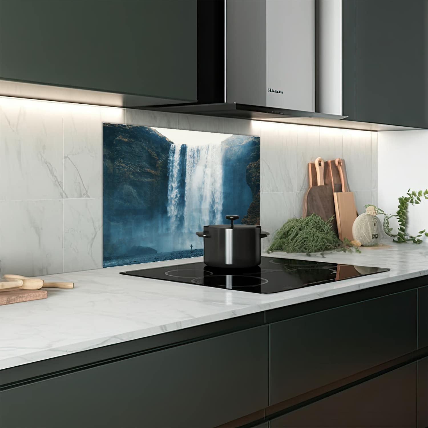 Eigen afmeting spatscherm-op-maat Keuken - Hittebestendig gehard glas - Waterval bij Skogafoss