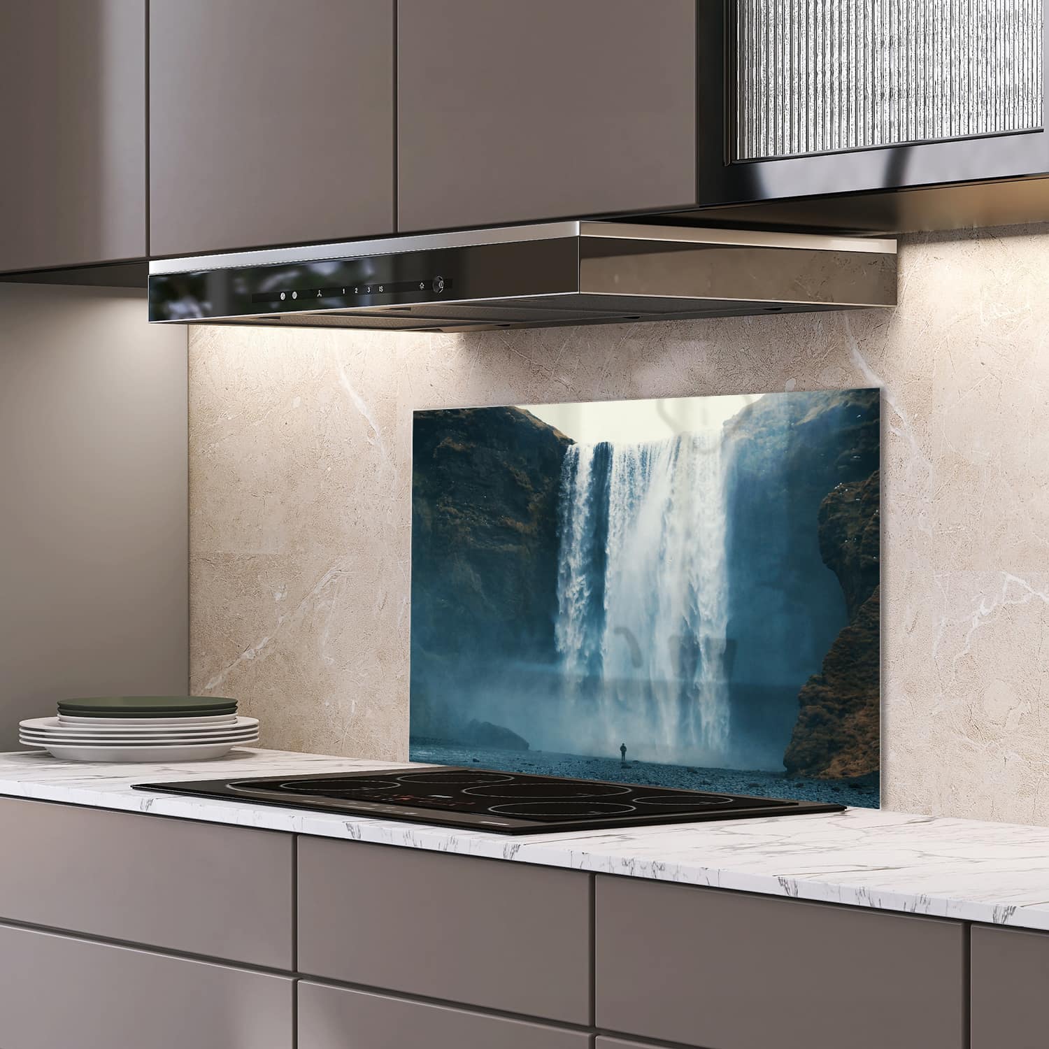 Eigen afmeting spatscherm-op-maat Keuken - Hittebestendig gehard glas - Waterval bij Skogafoss