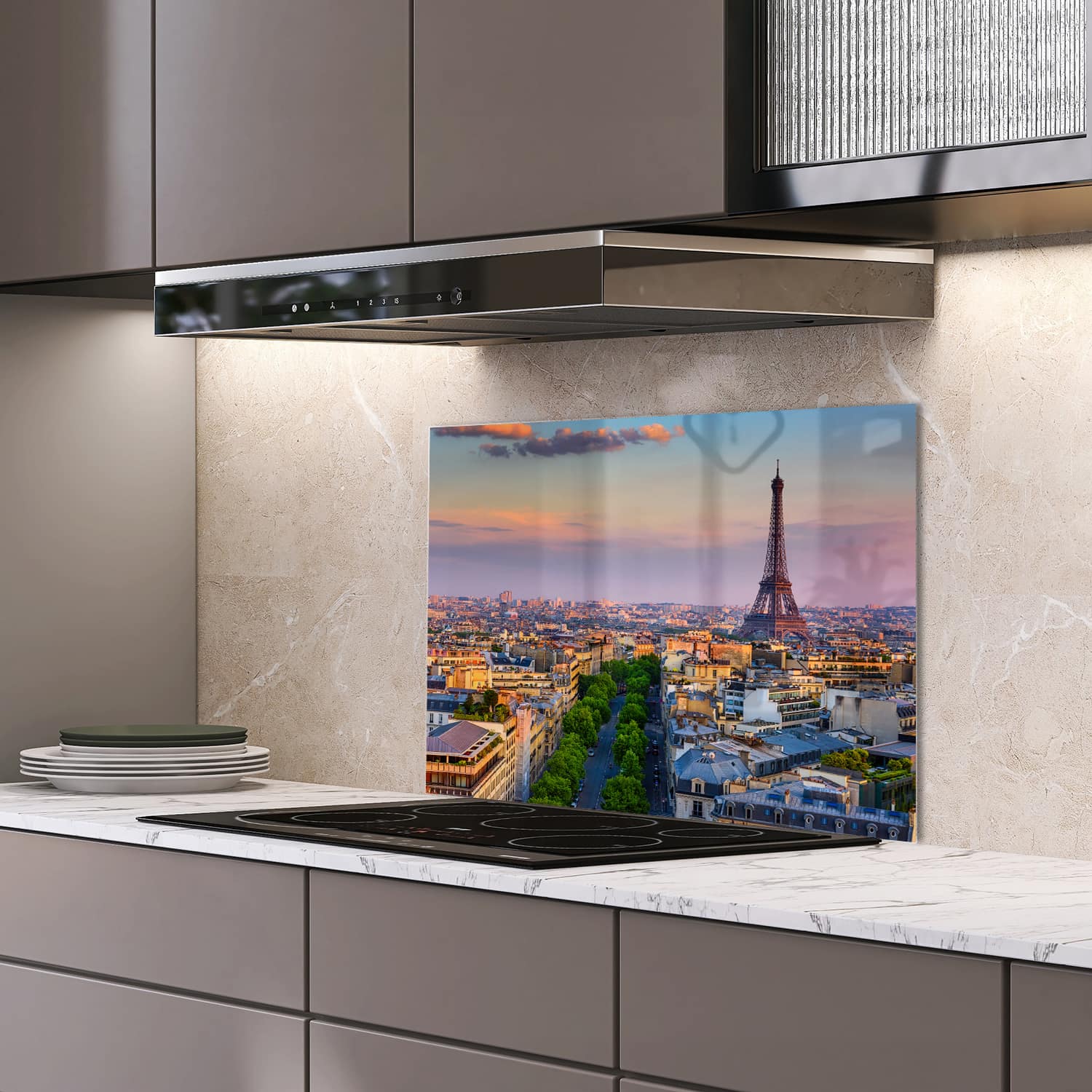 Eigen afmeting spatscherm-op-maat Keuken - Hittebestendig gehard glas - Eiffeltoren bij Zonsondergang