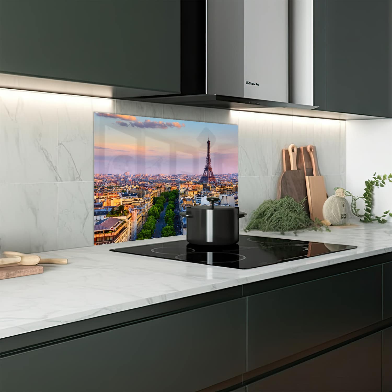 Eigen afmeting spatscherm-op-maat Keuken - Hittebestendig gehard glas - Eiffeltoren bij Zonsondergang