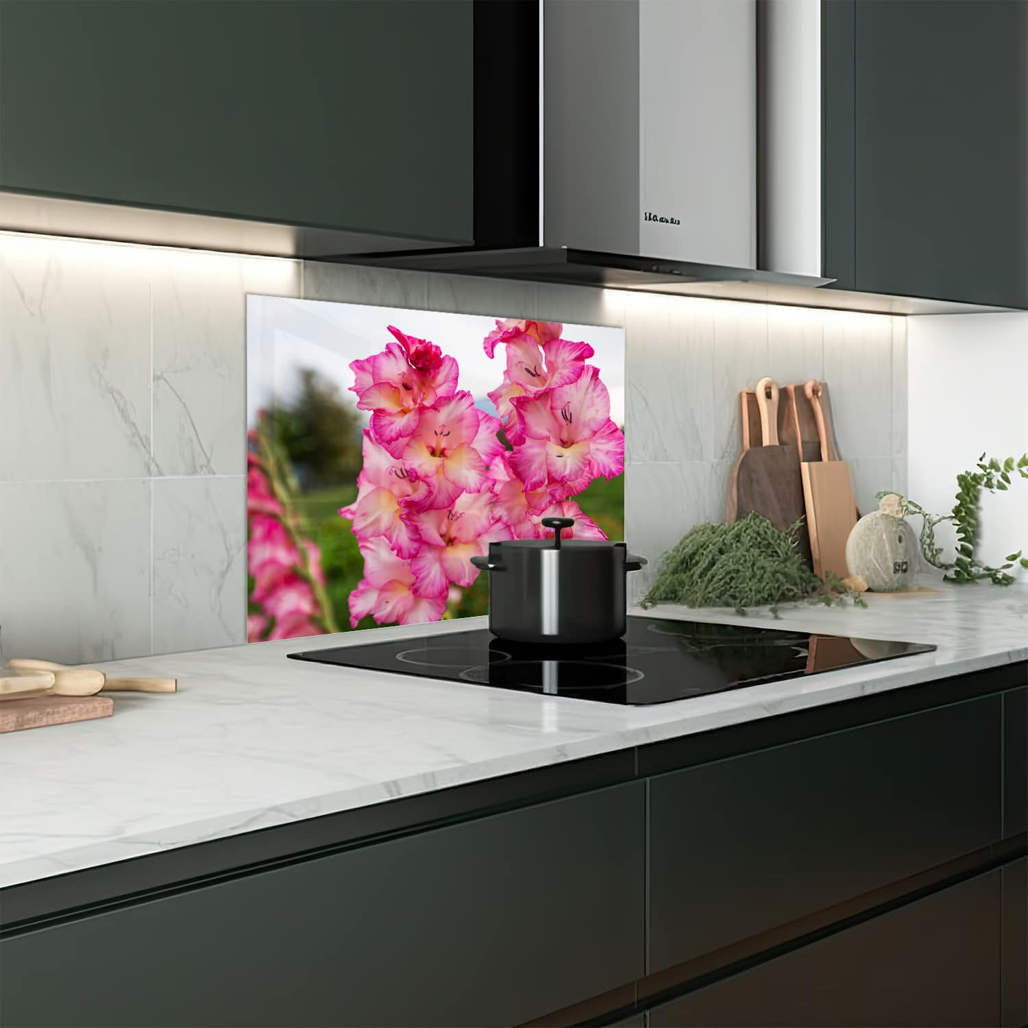 Eigen afmeting spatscherm-op-maat Keuken - Hittebestendig gehard glas - Roze Gladiolen