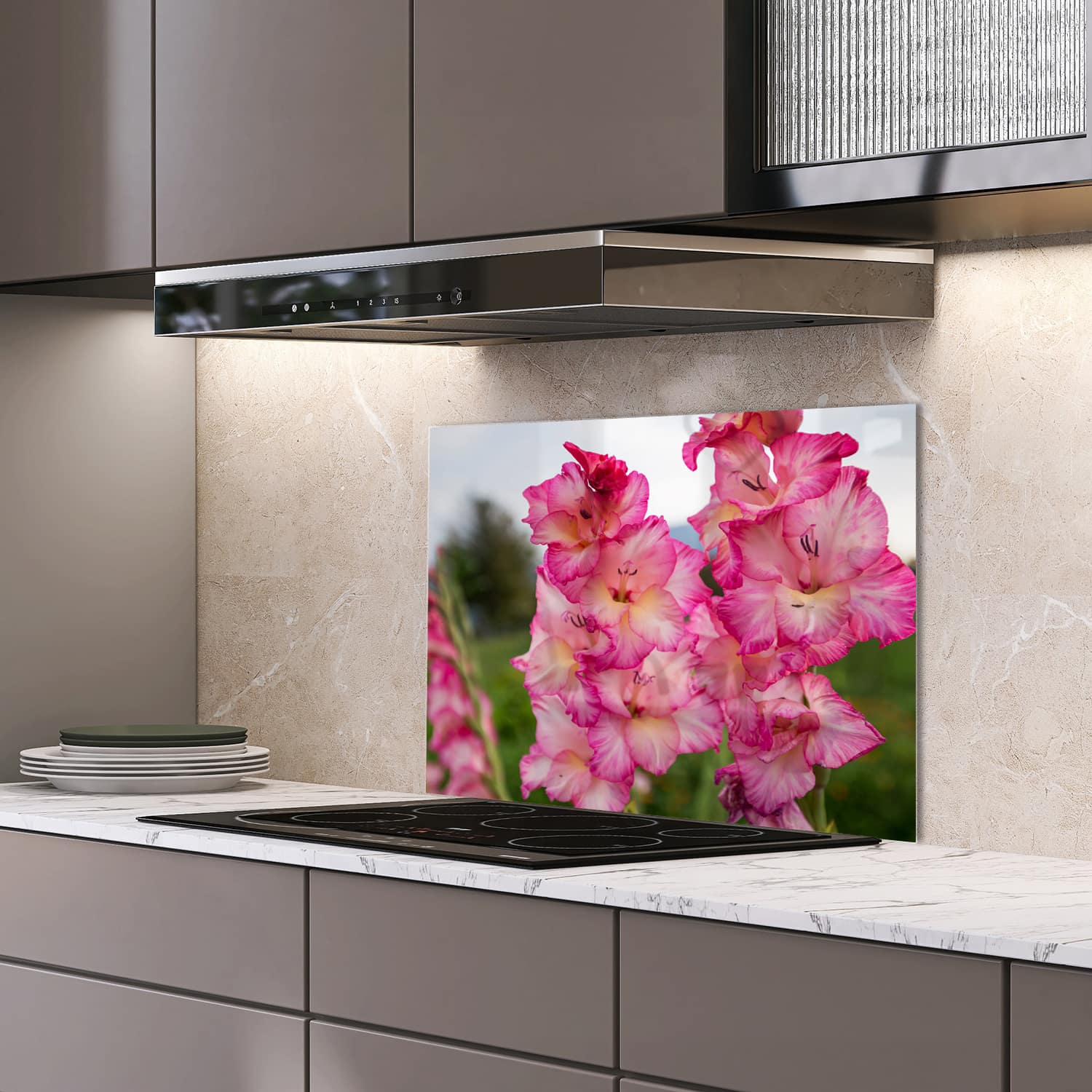 Eigen afmeting spatscherm-op-maat Keuken - Hittebestendig gehard glas - Roze Gladiolen