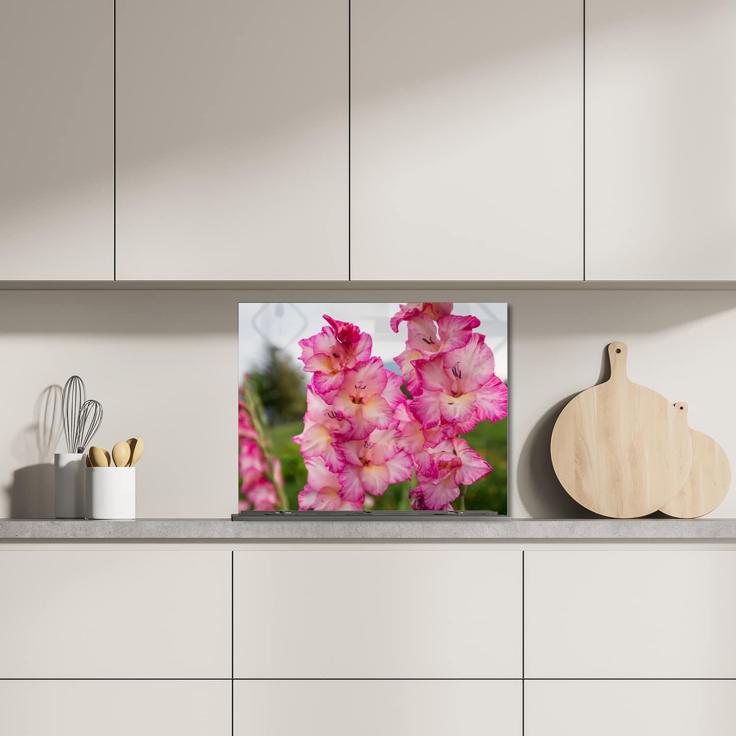 Eigen afmeting spatscherm-op-maat Keuken - Hittebestendig gehard glas - Roze Gladiolen